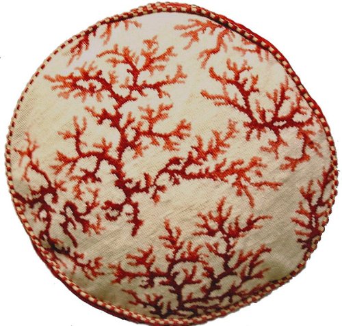 Red Coral Circle Needlepoint Pillow - 22 Inch Round Decorative Throw Pillow for Sofa, Bed & Home Decor