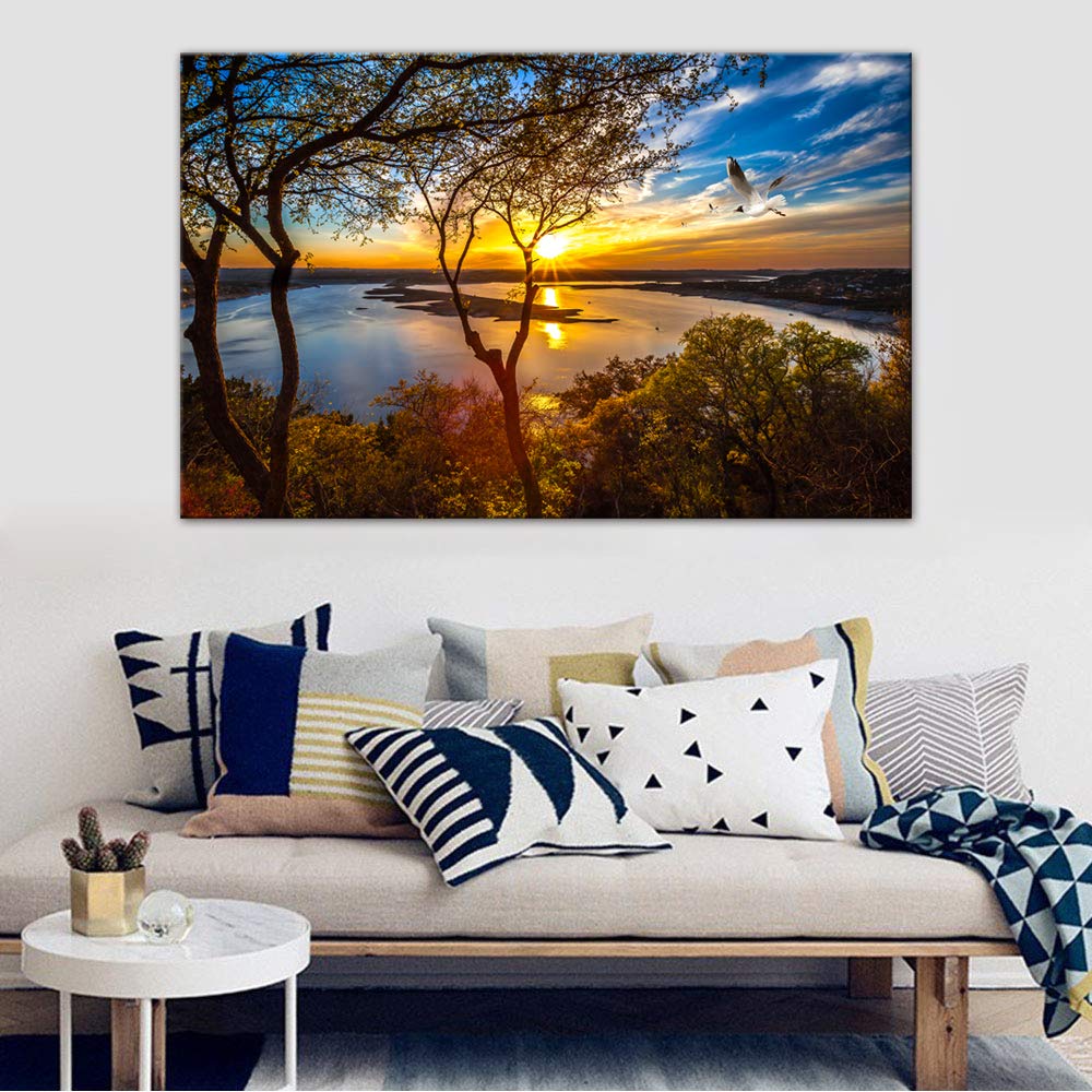 AMEMNY Sunrise and Birds Flying On The Lake Canvas Wall Art - Ready to Hang Home & Office Decor for Living Room, Bedroom, or Workspace