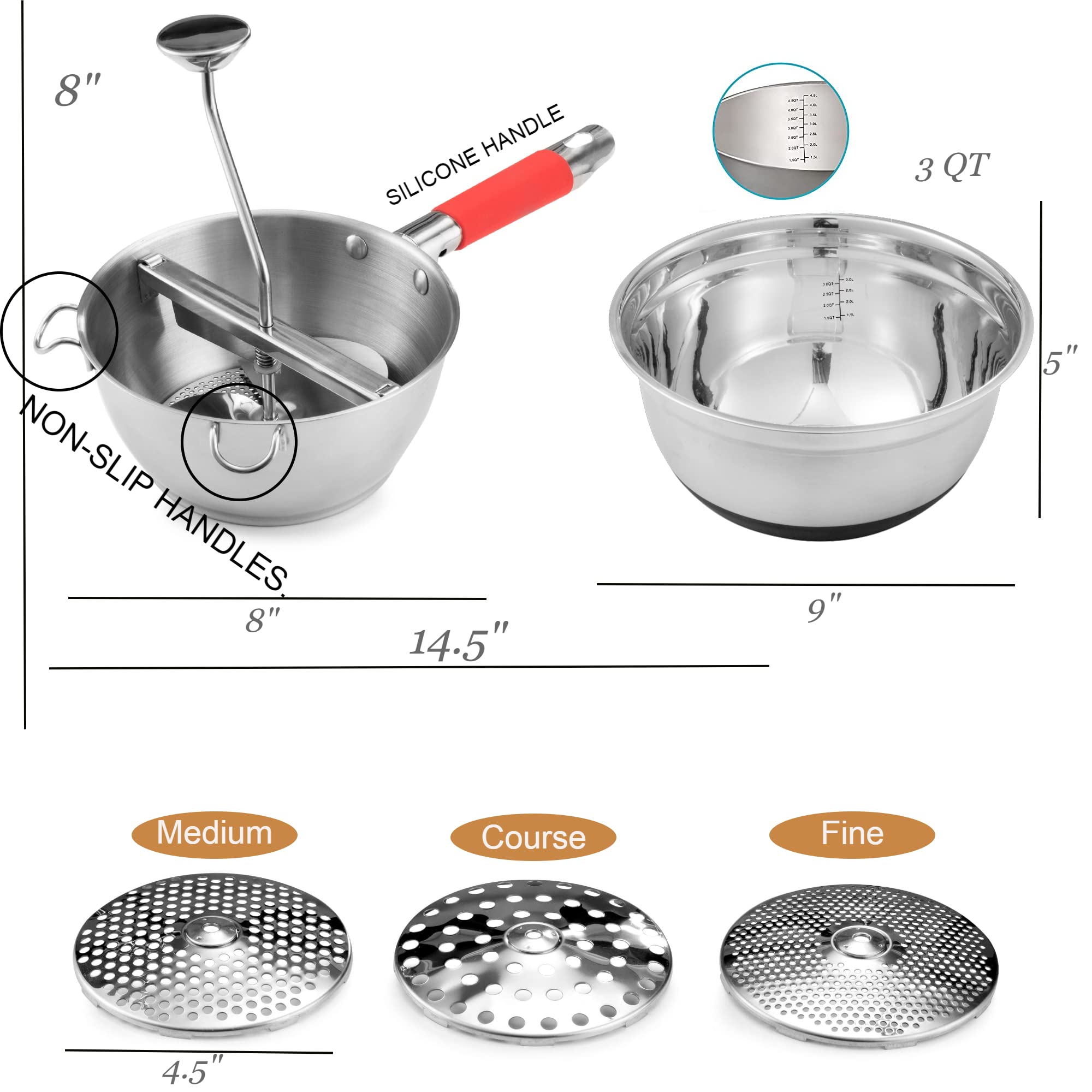 Bezrat 3-in-1 Food Mill with Stainless Steel Bowl - Potato Ricer for Mashed Potatoes, Hand Crank Grain Mill for Mashing Straining Grating Fruits Vegetables - Includes 3 Grinding Discs - Perfect for Baby Food Making, Kitchen Prep & Homemade Purees (Black)