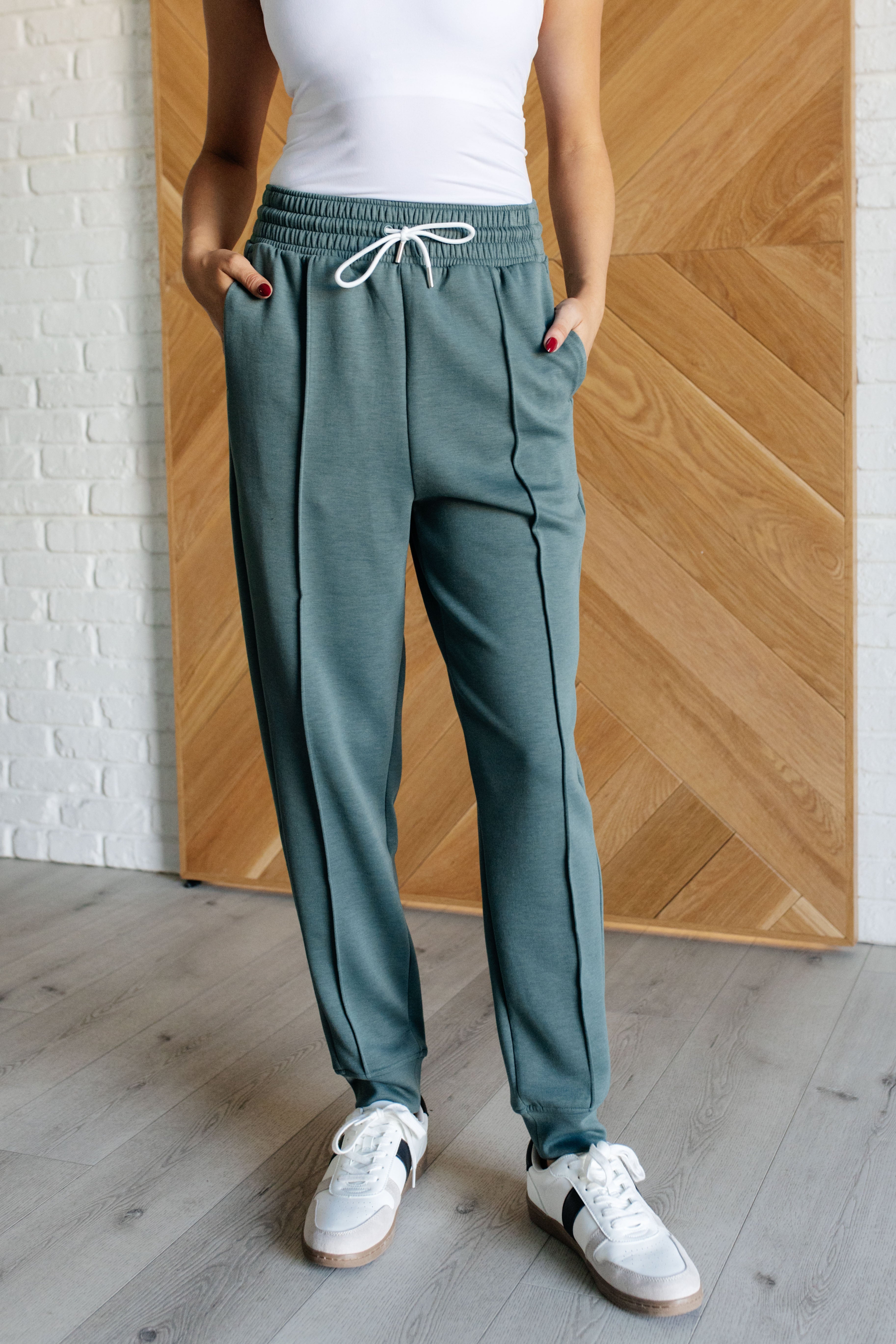 High Waist Center Seam Scuba Joggers for Women - Soft Stretchy Lounge Pants in Ash Jade - Perfect for Yoga, Running & Casual Wear