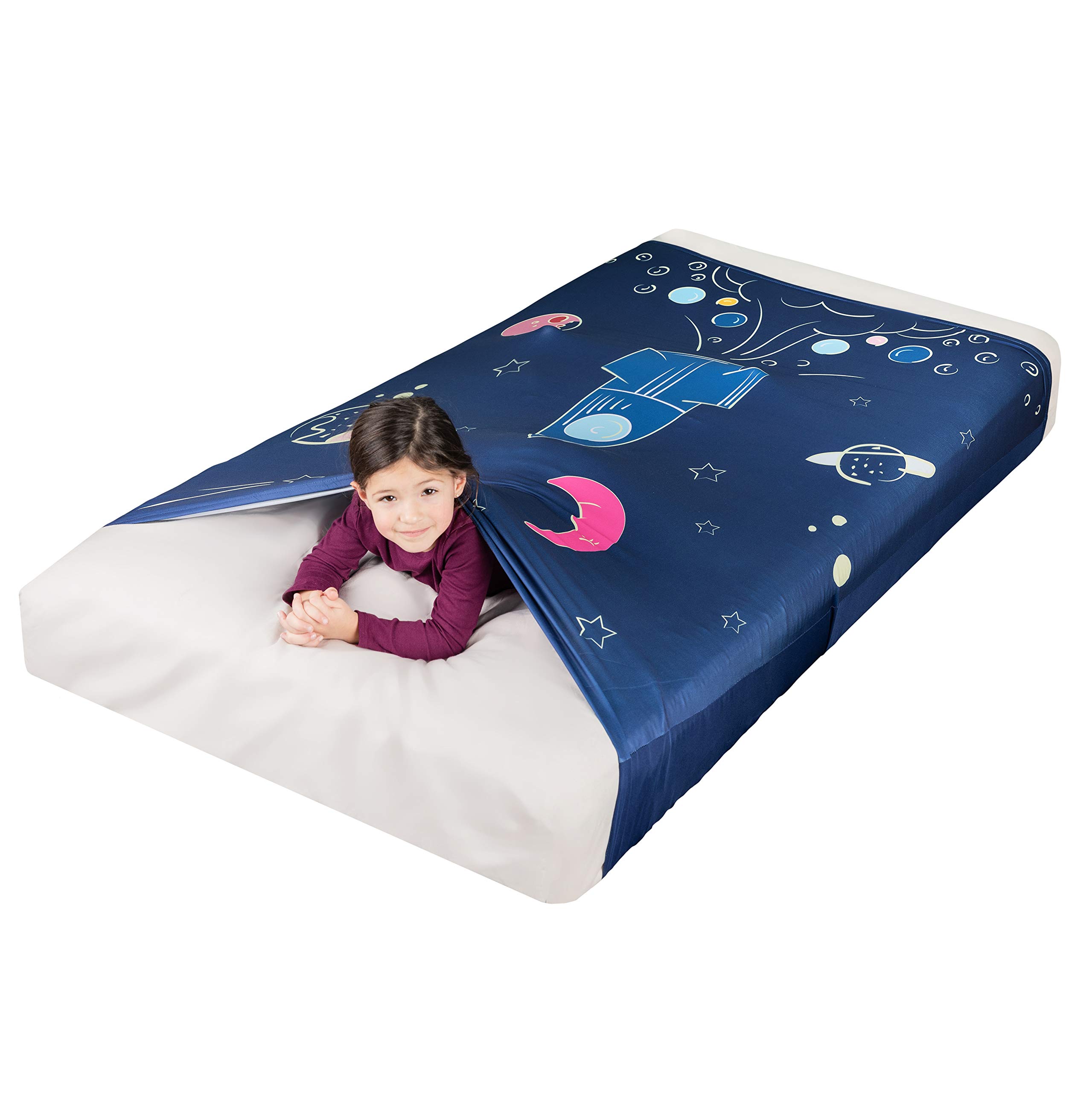 Sensory Compression Sheet for Kids - Twin Size Stretchy Bed Sheet with Breathable Fabric - Weighted Blanket Alternative - Fitted Mattress Cover - Rocket Ship Design - Perfect for Autism, ADHD & Anxiety Relief - Ideal for Bedrooms, Daycare & Sensory Rooms