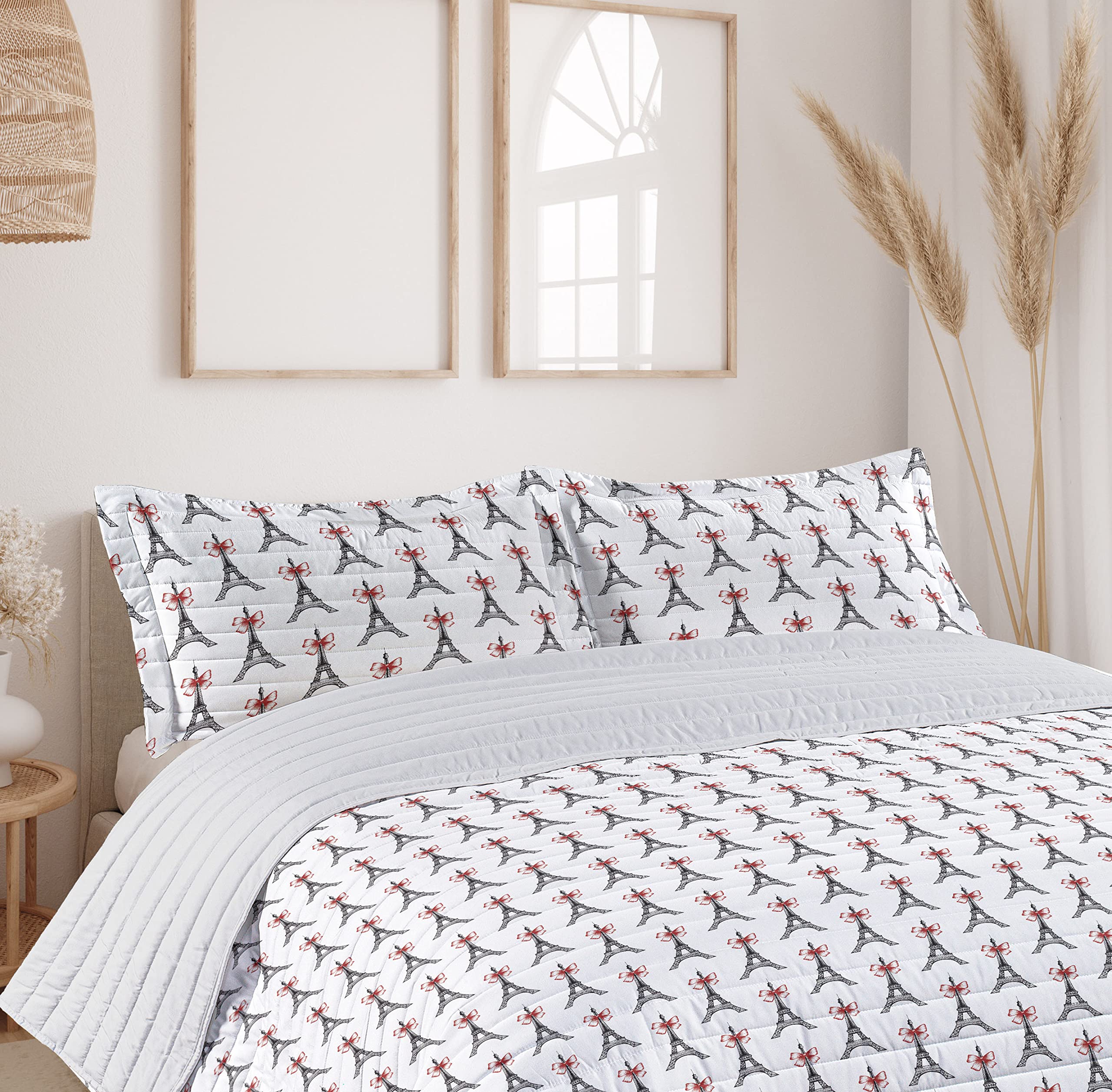 Ambesonne Eiffel Tower Microfiber Bedspread Set - Parisian Sketch Art Design with Bowties, Queen Size Soft Bedding Set Includes Comforter & Pillow Shams in Ruby Black White | Perfect for Paris-Themed Bedrooms, Travel Enthusiasts & Home Decor