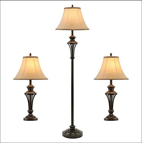 Vintage Bronze 3-Piece Lamp Set - 2 Table Lamps & 1 Floor Lamp with Brown Fabric Shades (26