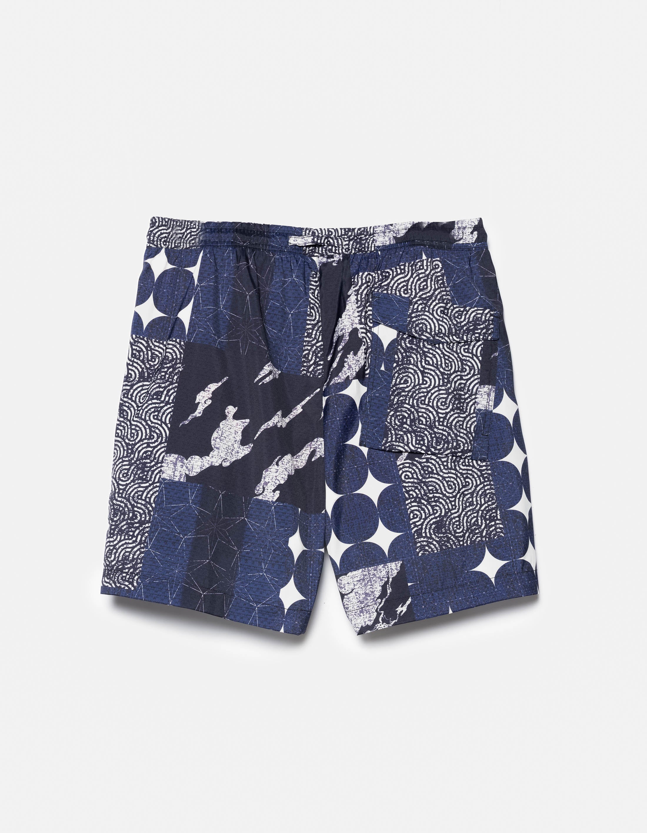Sashiko Patchwork Swim Shorts for Men - Navy/Ecru - Japanese Style Quick-Dry Beach Shorts for Swimming, Surfing, and Summer Vacation