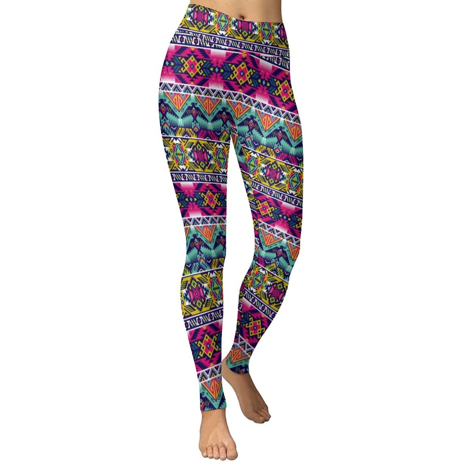 Neon Color Aztec Print Women's High Waist Yoga Pants - Workout Leggings for Gym, Running & Lounge Wear