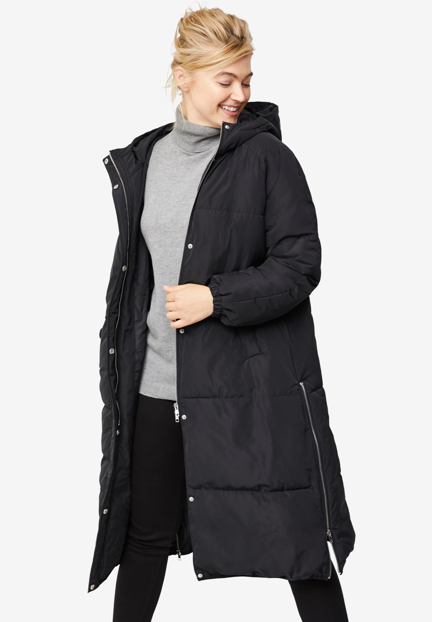 Ellos Women's Plus Size Maxi Side-Zip Puffer Jacket - Warm Winter Coat for Cold Weather, Outdoor Activities & Casual Wear