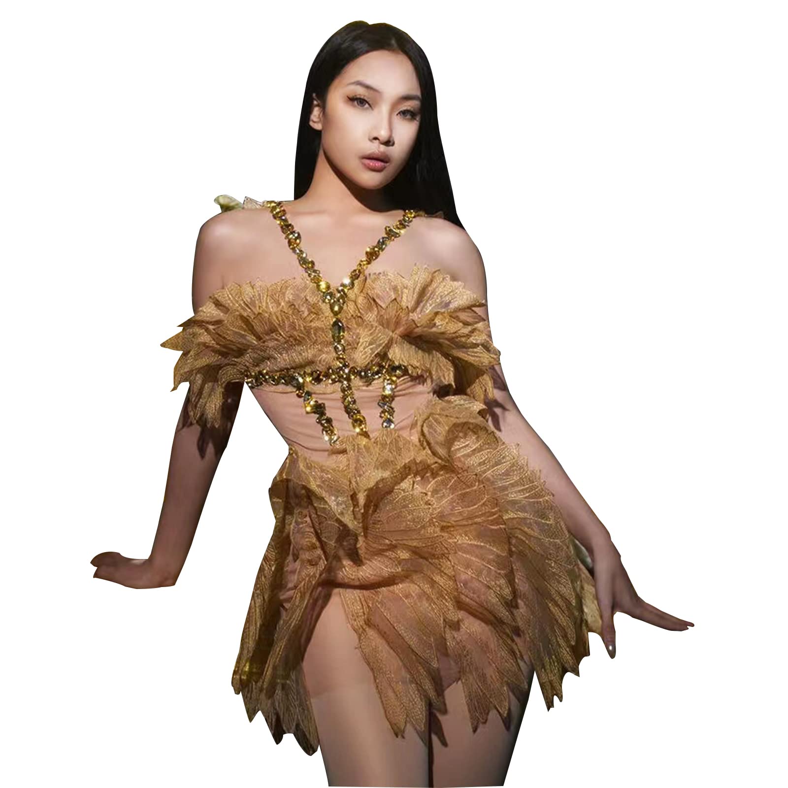 Sexy Golden Rhinestone Lace Mesh See-Through Short Dress for Women - Clubwear, Night Out, Pole Dance, Birthday Party & Special Occasions