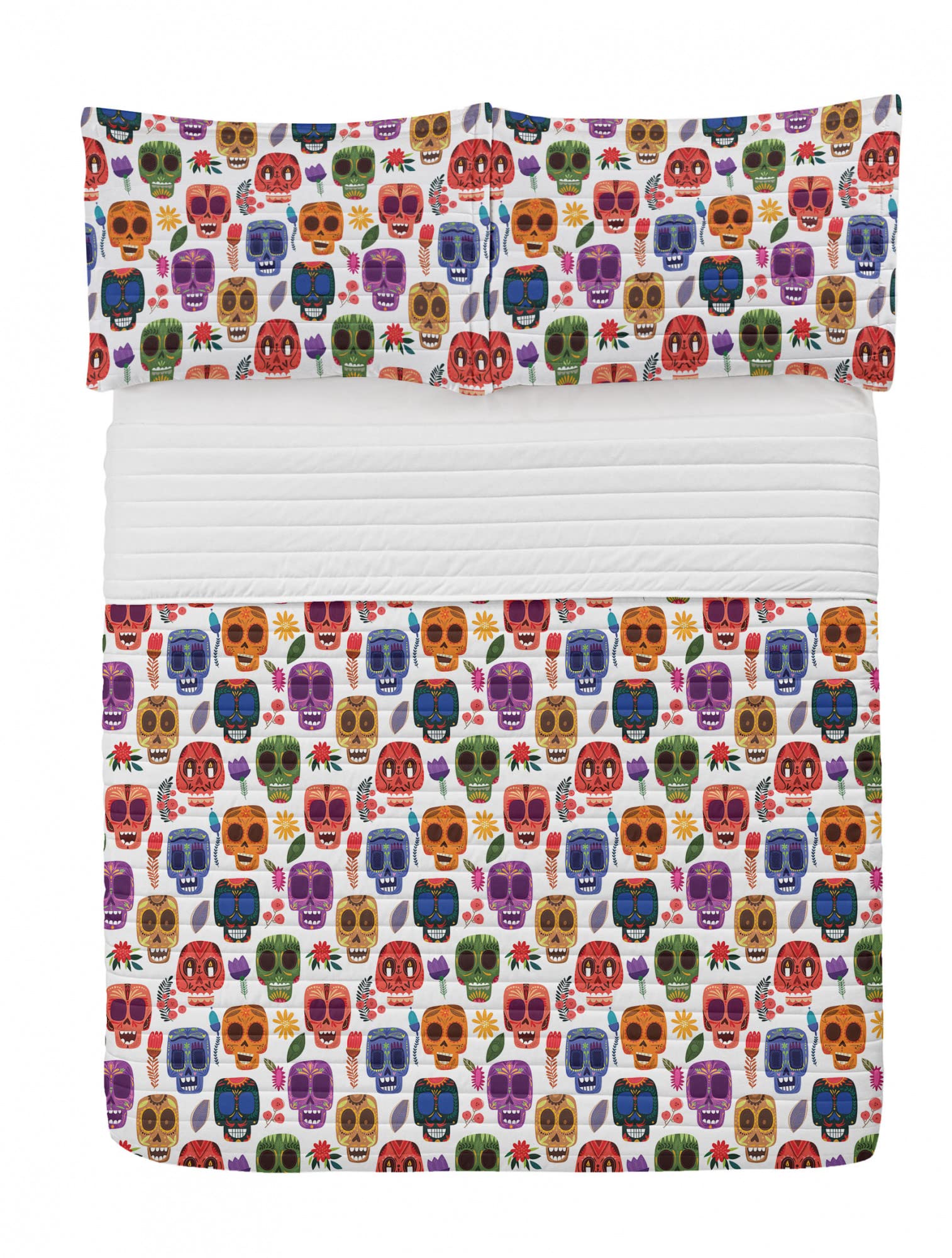 Ambesonne Day of The Dead King Size Microfiber Bedspread Set - Scary Cartoon Art Print with Pillow Shams & Comforter, Soft Multicolor Bedding - Perfect for Halloween, Dia de los Muertos Decor, or Gothic Home Styling