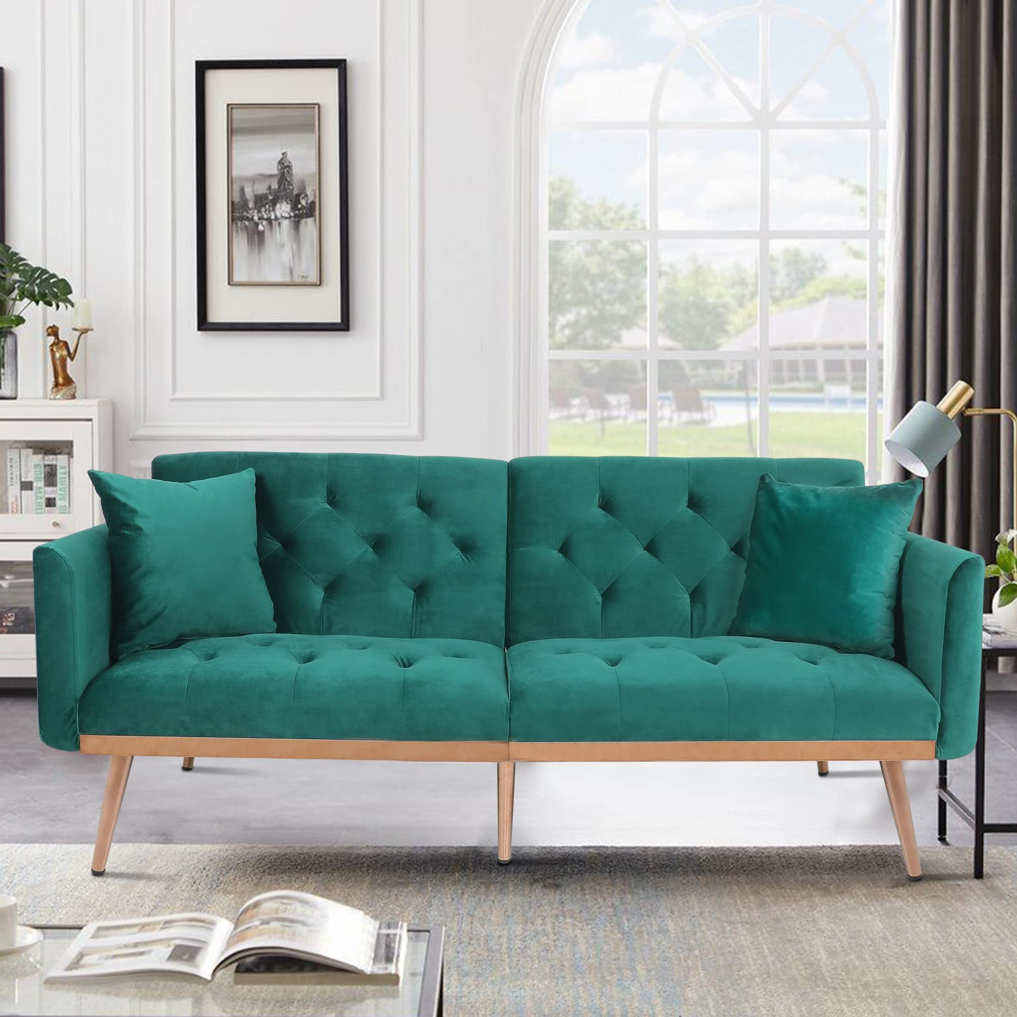 Luxury Velvet Convertible Sofa Bed with Rose Gold Metal Legs & 2 Pillows - Tufted Loveseat Sleeper for Small Spaces, Living Room, Bedroom - Perfect for Apartments, Guest Rooms & Home Offices (Emerald Green)