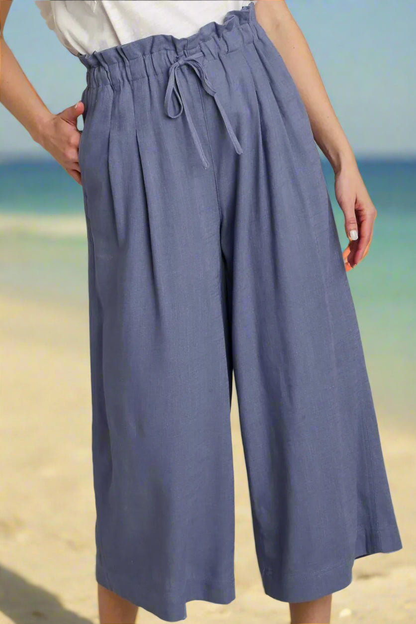Full Size Dusty Blue Linen Wide Fit Pants with Drawstring - Comfortable Casual Wear for Women, Summer Beach Vacation Outfits