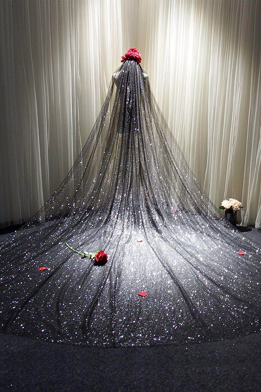 Elegant One-Tier Cut Edge Tulle Cathedral Wedding Veil with Sequin Embellishment CV0341 - Perfect for Bridal Ceremonies, Formal Events & Romantic Photo Shoots