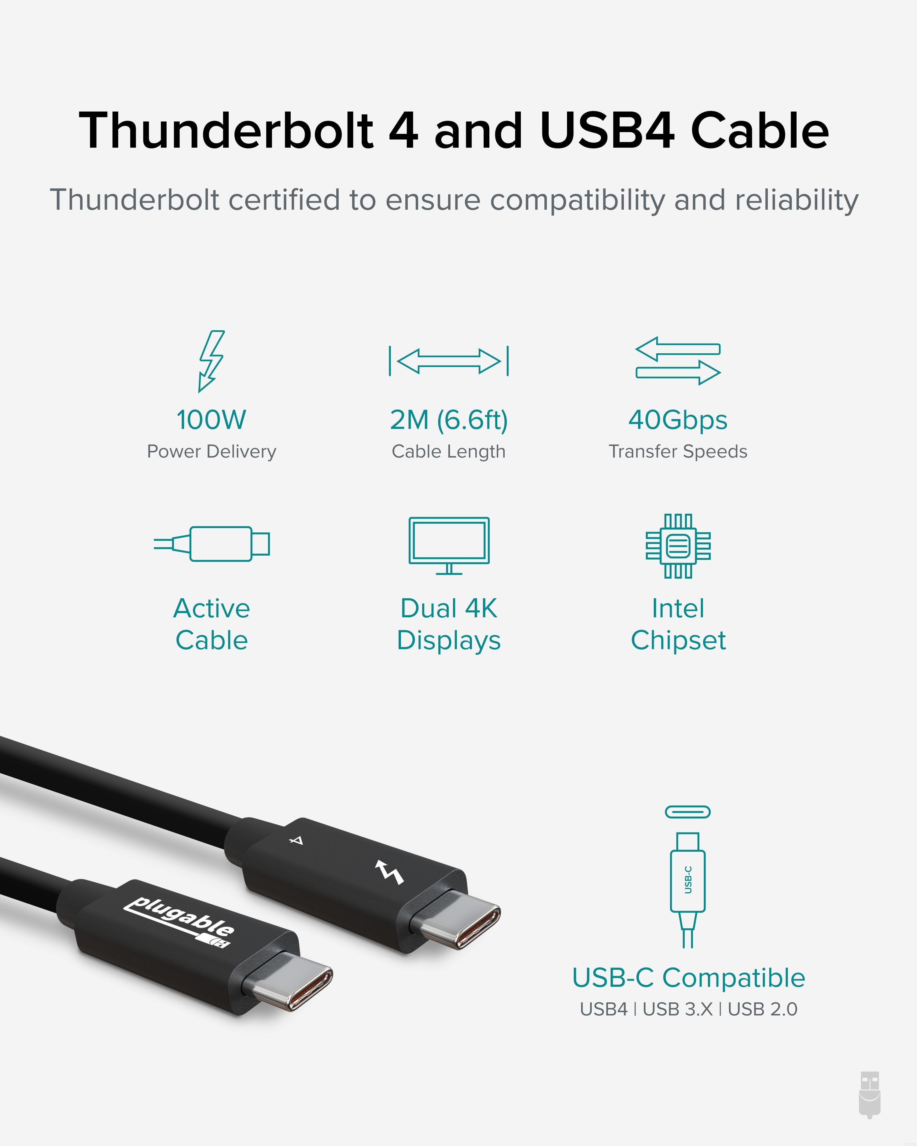 Plugable Thunderbolt 4 Cable 6.6ft (2m) - 40Gbps High-Speed Data Transfer & 100W Charging - Compatible with MacBook Pro, Dell XPS & Thunderbolt 4 Devices - Perfect for Home Office, Gaming & Video Editing Setup