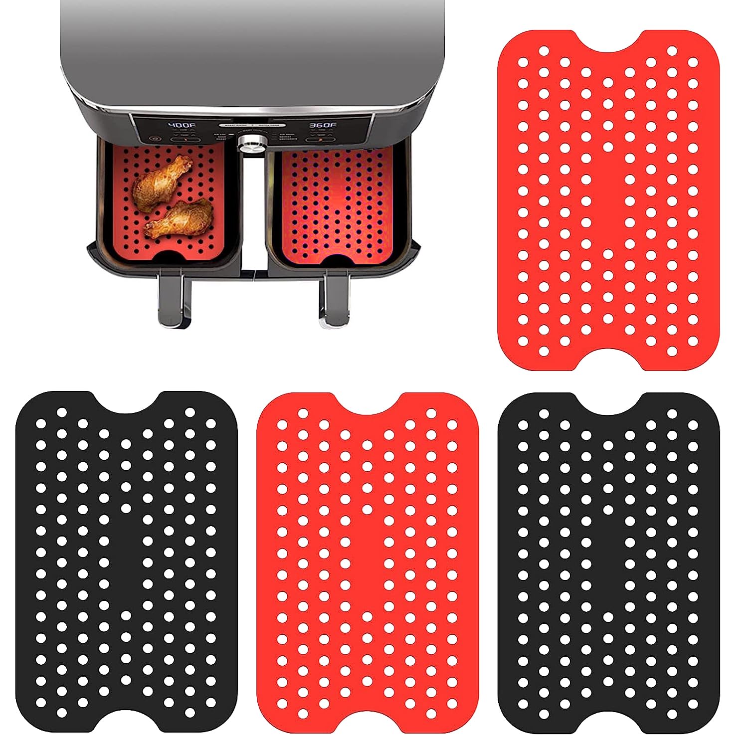 4-Piece Air Fryer Silicone Mat Set - Non-Slip Square Basket Liners, BPA-Free & Reusable Accessories for Air Fryer Cooking - Perfect for Roasting, Baking & Frying Healthy Meals