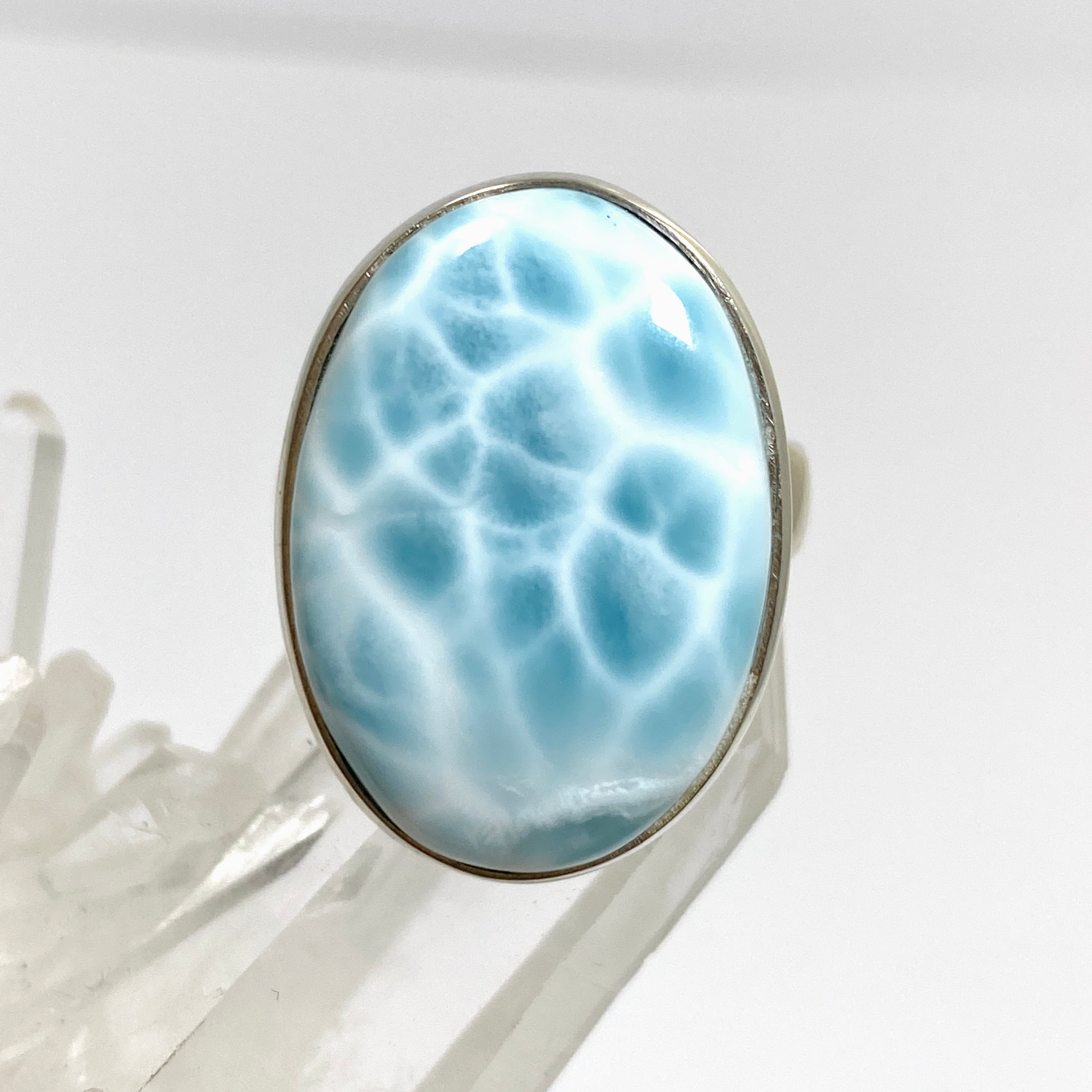 Larimar Oval Cabochon Ring Size 10.5 - Genuine Blue Stone Silver Jewelry for Women - Perfect for Beach Vacation & Boho Fashion