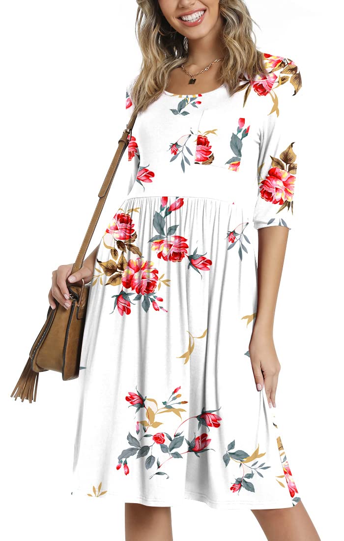 CATHY Women's 3/4 Sleeve High Waist Midi Dress with Pockets - Casual Round Neck Flowy Dress for Spring/Summer 2025 | Perfect for Office, Date Night & Brunch Outfits
