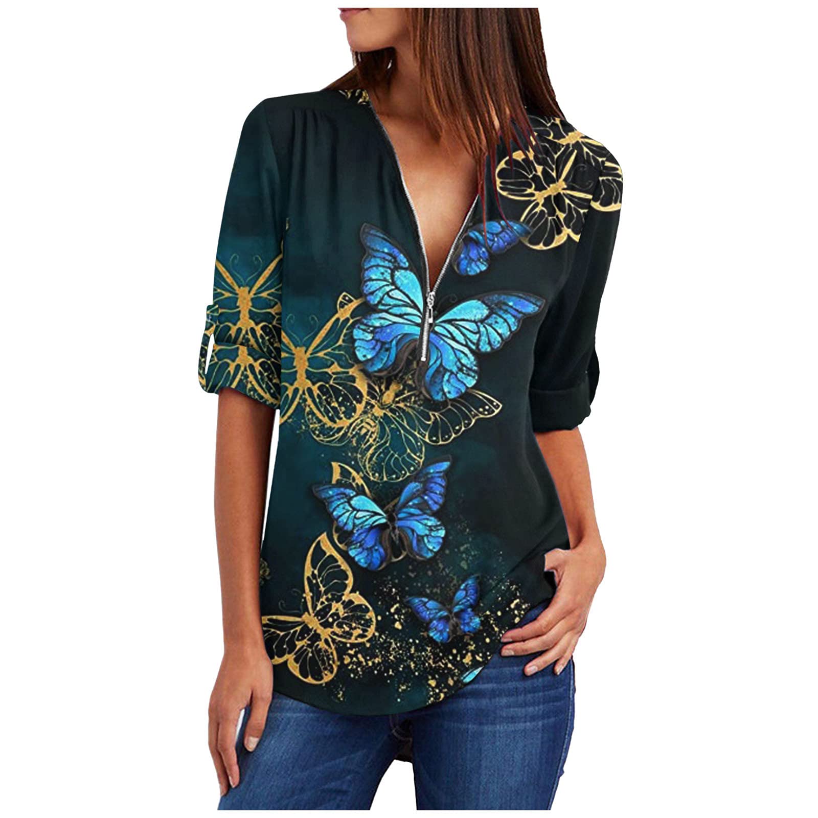 Sexy V Neck Zip Up Blouse for Women - Loose Fitting Chiffon Shirt with Short Sleeves | Casual Fashion Tops for Date Night & Summer Outfits