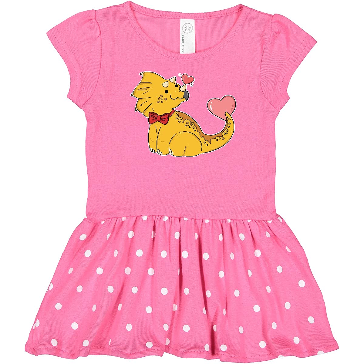 Inktastic Yellow Triceratops Dinosaur with Red Bowtie & Pink Hearts Baby Girl Dress - Cute Outfit for Birthday, Photo Shoots & Special Occasions