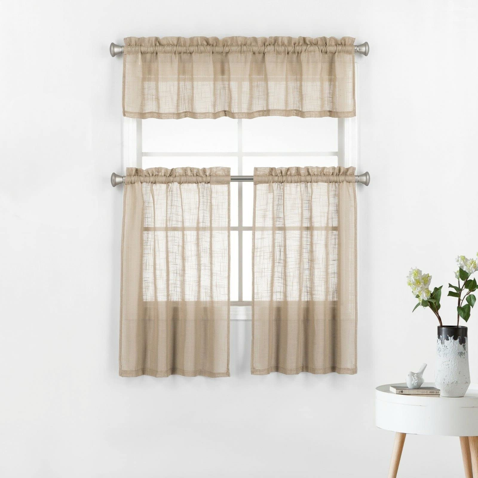 anXella Semi-Sheer Window Curtain Valance Set - 3 Piece Linen Kitchen Curtains with Rod Pocket (2 Tiers 27x36 inches & 1 Valance 54x14 inches) - Farmhouse Style for Kitchen, Basement, Living Room & Bedroom Windows