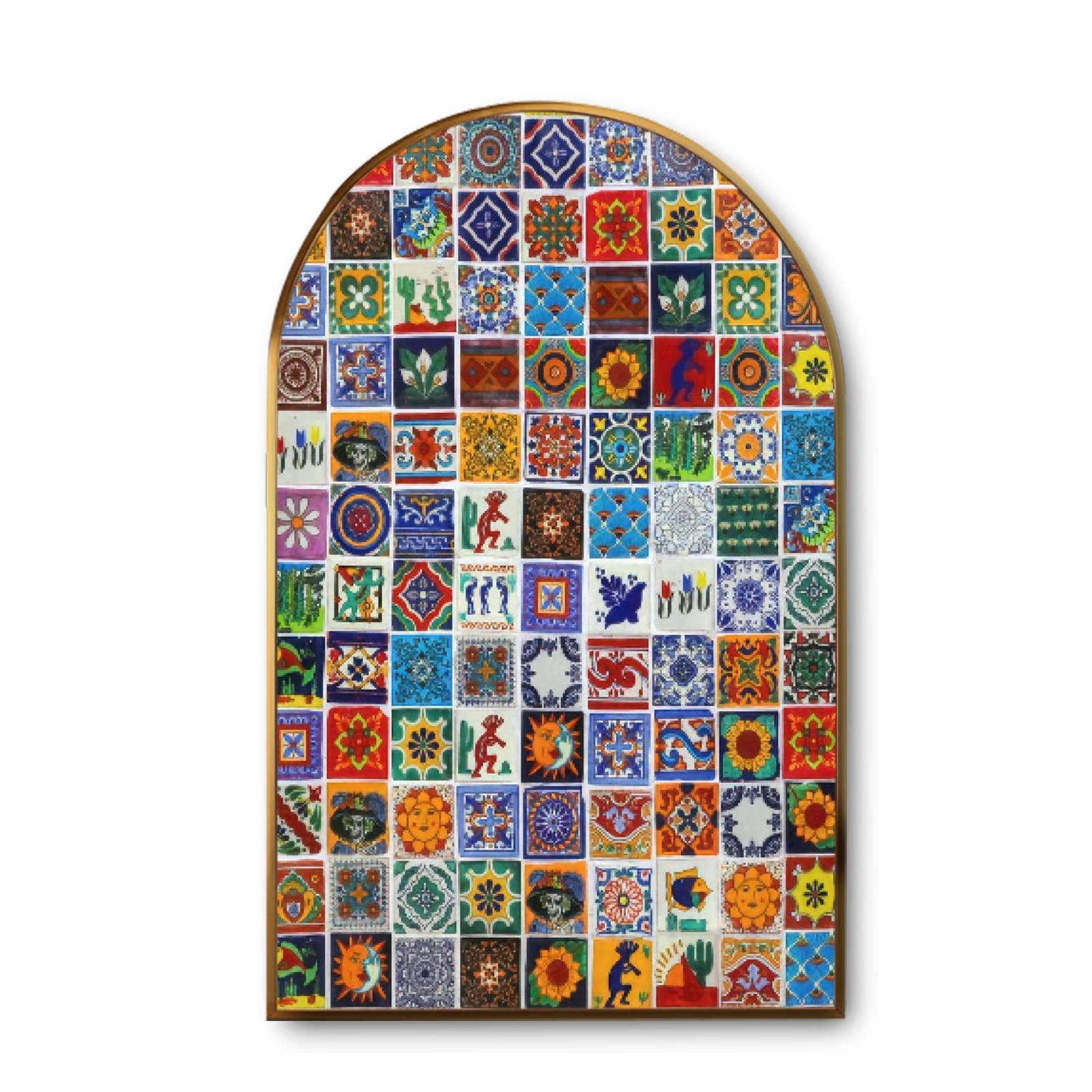 PEYQULTXNE Modern Multicolored Bright Colorful Mexican Ceramic Tile Giclee Canvas Wall Art with Golden Frames - Ready to Hang Home Decor Painting for Living Room, Bedroom & Office