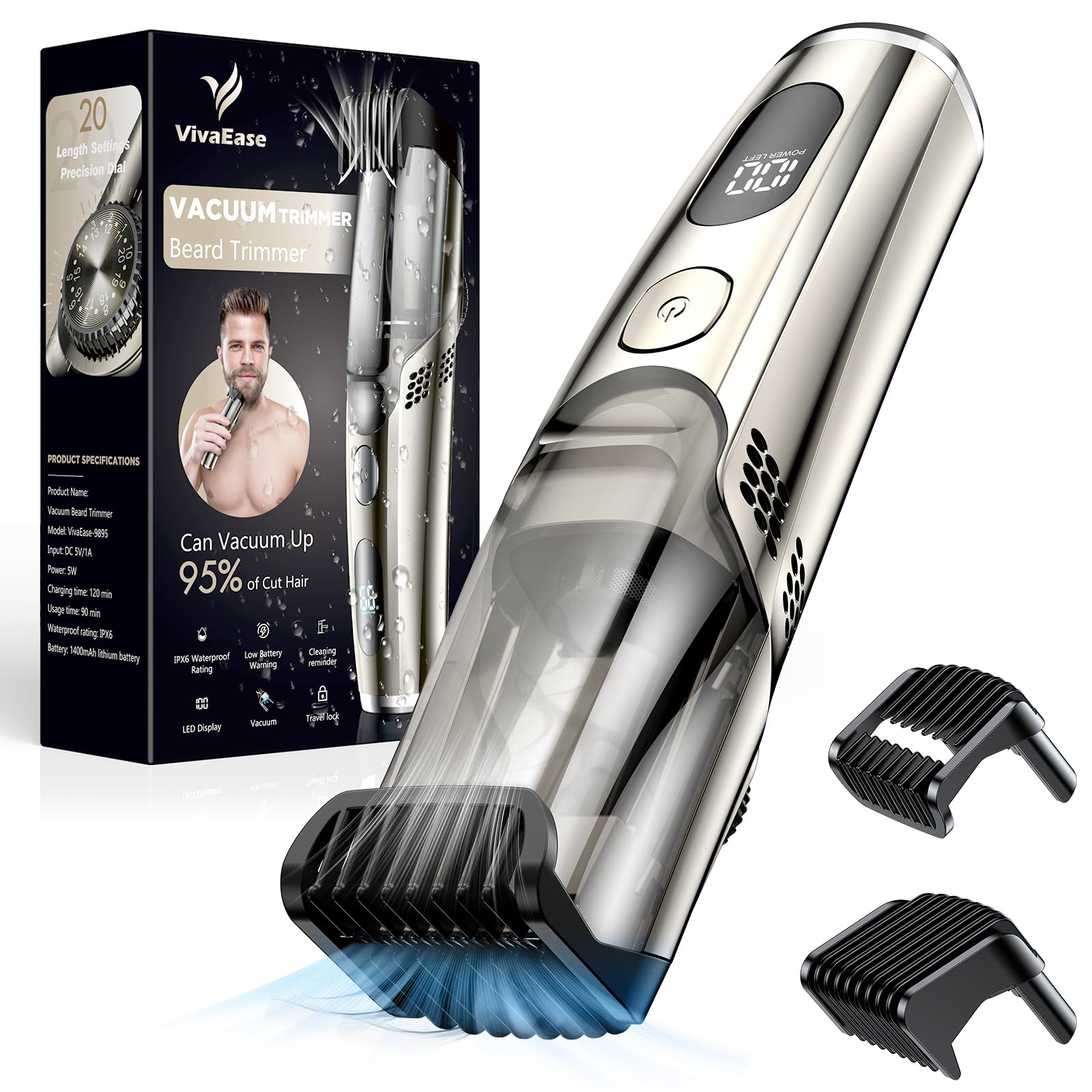 **Upgraded Men's Vacuum Beard Trimmer - Adjustable Length with 2 Combs, Electric Shaver for Beard, Mustache & Stubble, Waterproof & Easy Rinse, High Precision Blades for Smooth Skin Fit - Perfect for Travel, Home & Gym Use**