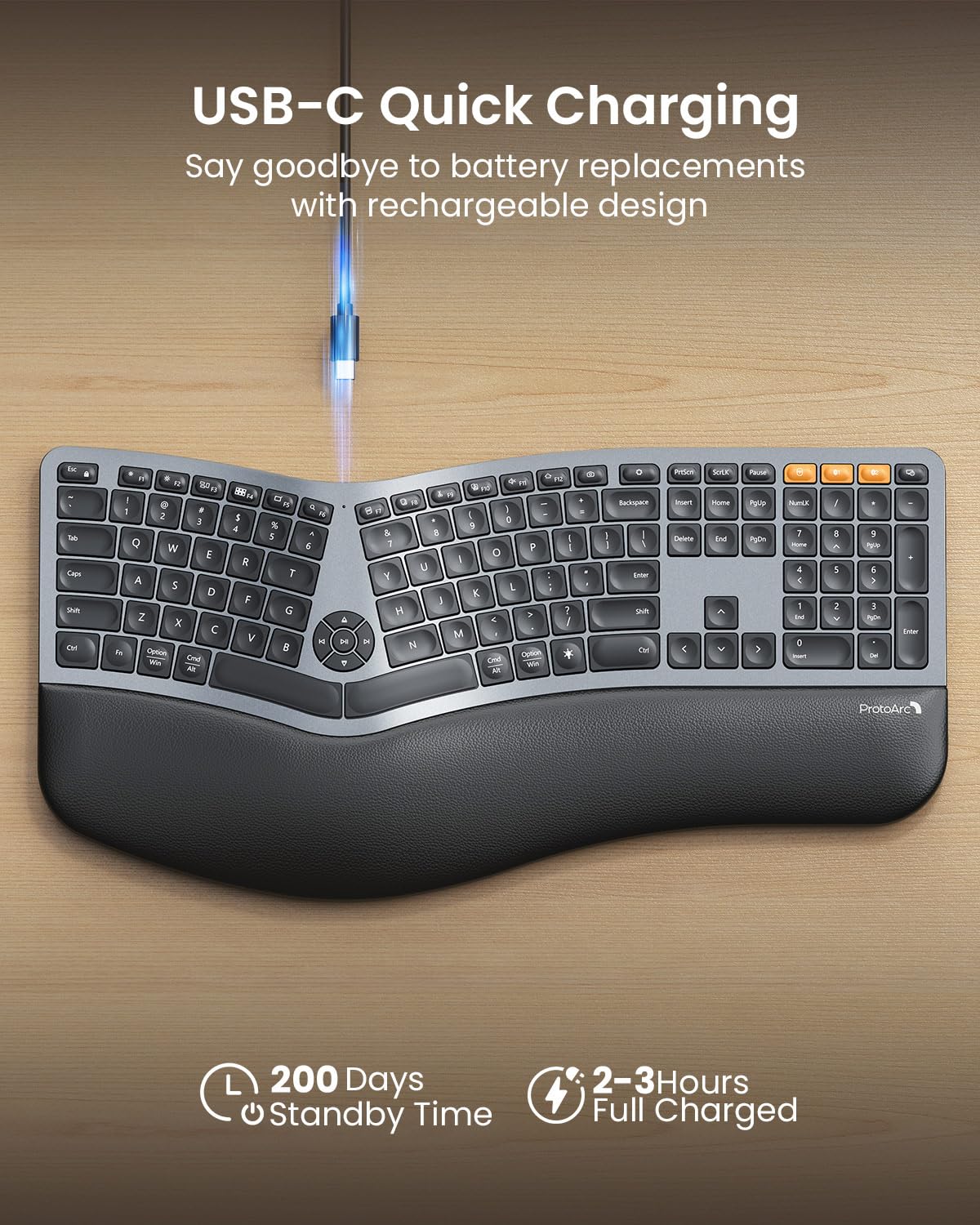 ProtoArc EK01 Plus Backlit Bluetooth Ergonomic Split Keyboard - Full Size Wireless Keyboard with Dual Bluetooth & USB, Cushioned Wrist Rest, Rechargeable Battery - Compatible with Windows, Mac, Android (Grey) - Perfect for Office Work, Gaming & Long Typing Sessions
