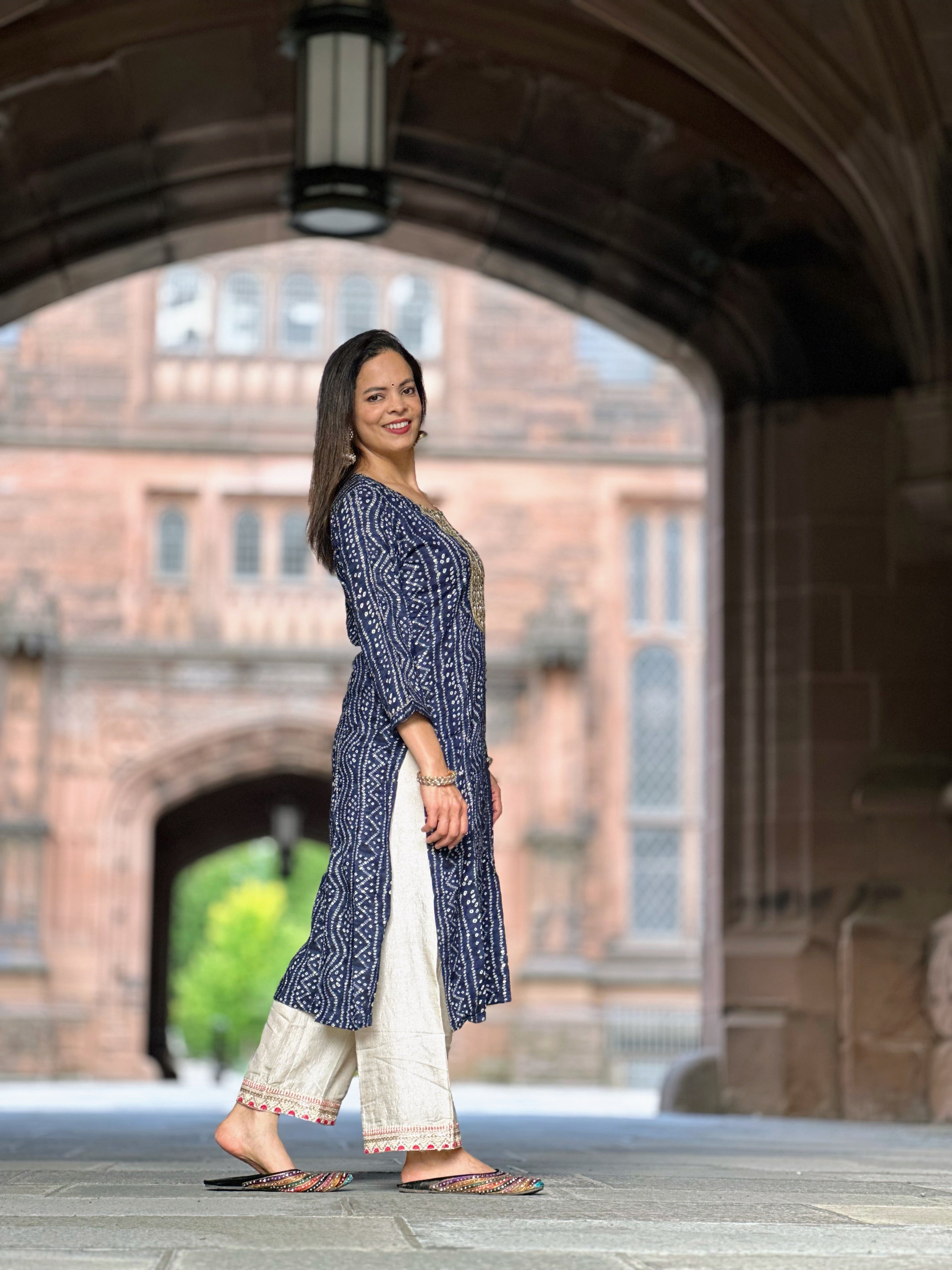 Navy Blue Viscose Rayon Bandhani Embroidered Straight Kurta for Women | Traditional Indian Ethnic Wear | Perfect for Festivals, Weddings & Casual Outings