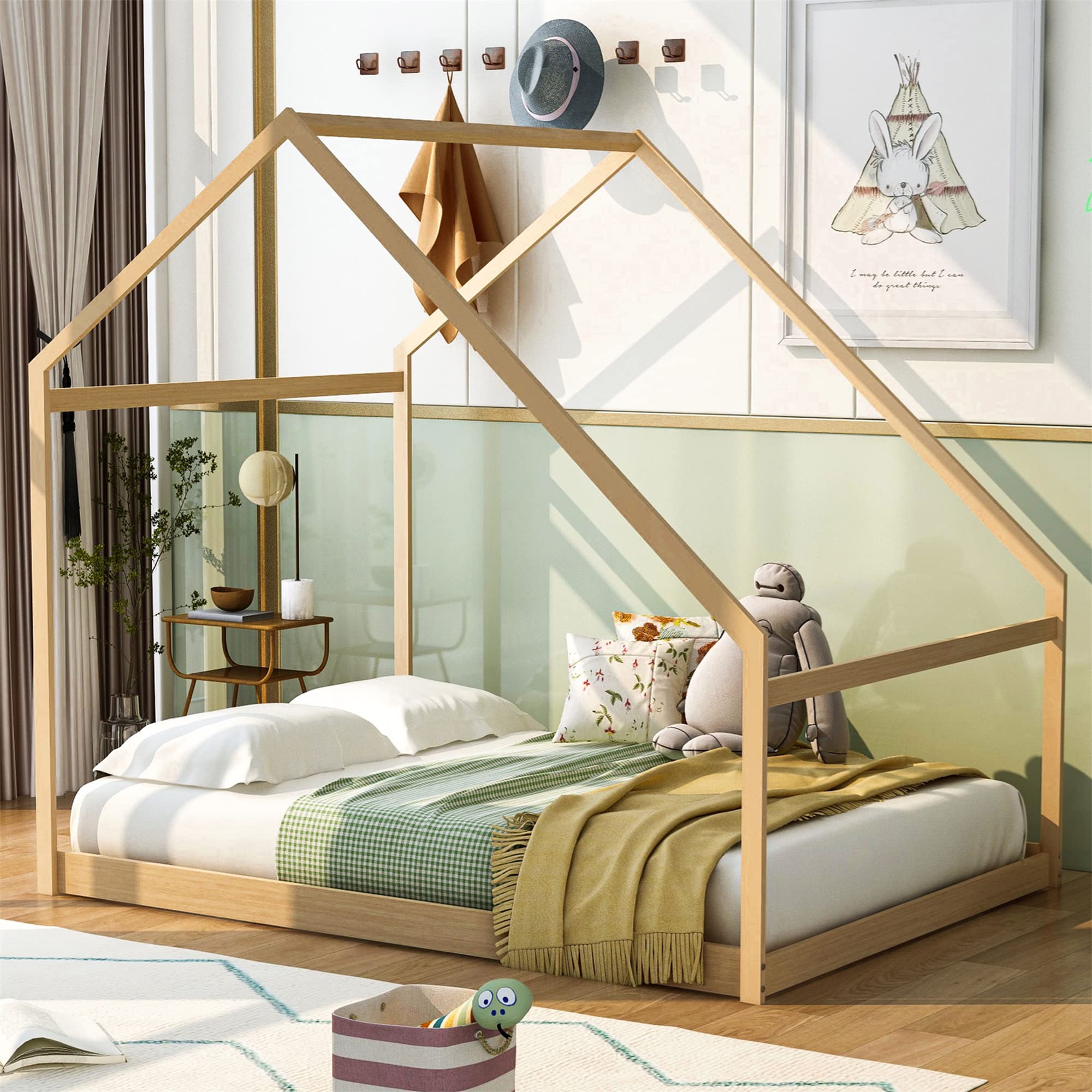 Harper&Bright Designs Full Size Wooden House Floor Bed Frame for Kids - Toddler, Girls & Boys Bedroom Furniture, No Box Spring Needed, Natural Finish - Perfect for Playrooms, Kids' Bedrooms & Montessori Style Decor