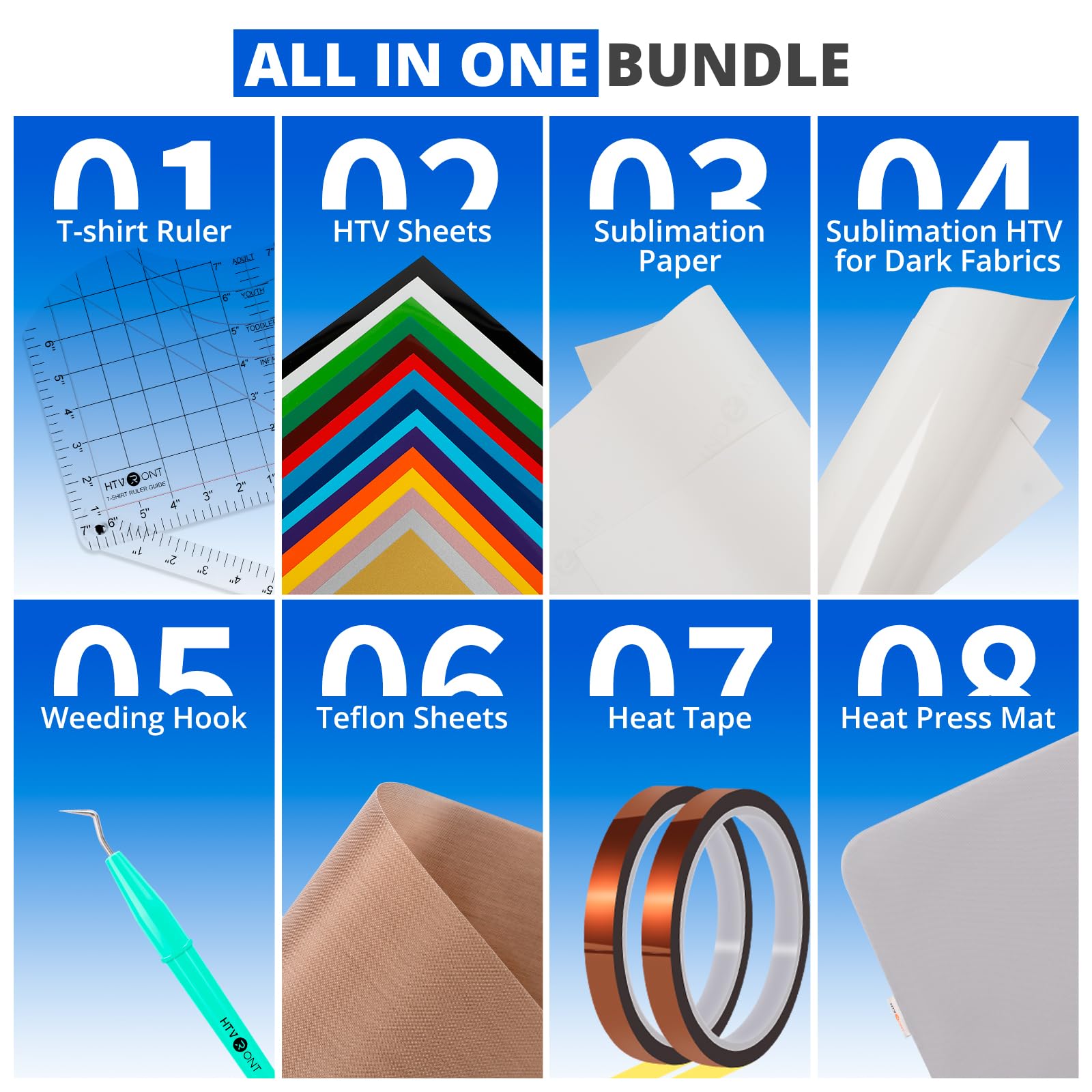 HTVRONT 55-Piece Heat Press Accessories Kit for 15x15 Heat Press Machines - Includes Vinyl, Sublimation Paper, Tools & Heat Press Mat - Perfect for T-Shirt Printing, DIY Crafts & Cricut EasyPress Projects