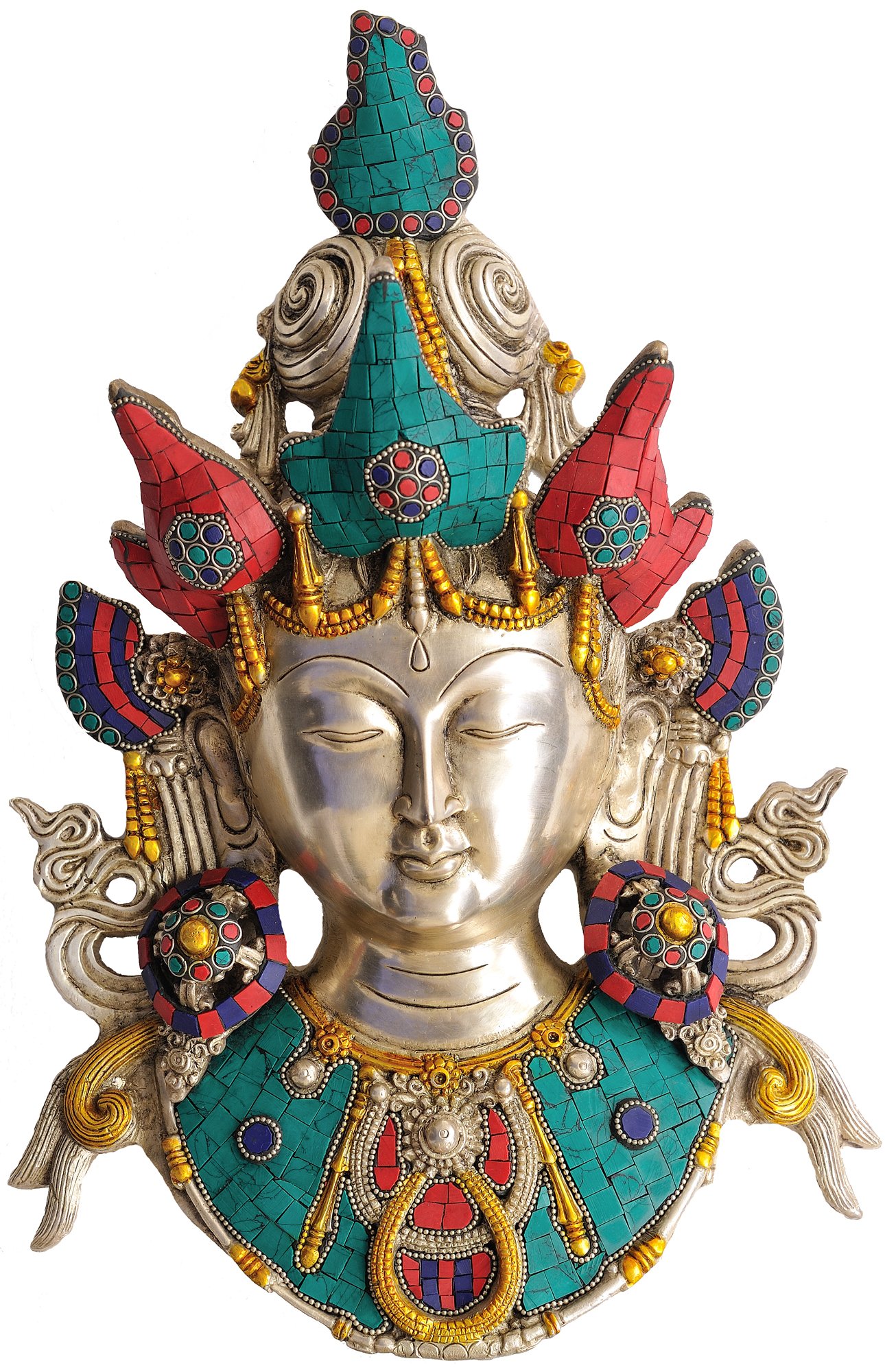 Handmade Brass Buddhist Goddess Tara Wall Mask - Intricate Inlay Design for Home Decor, Meditation & Spiritual Altar