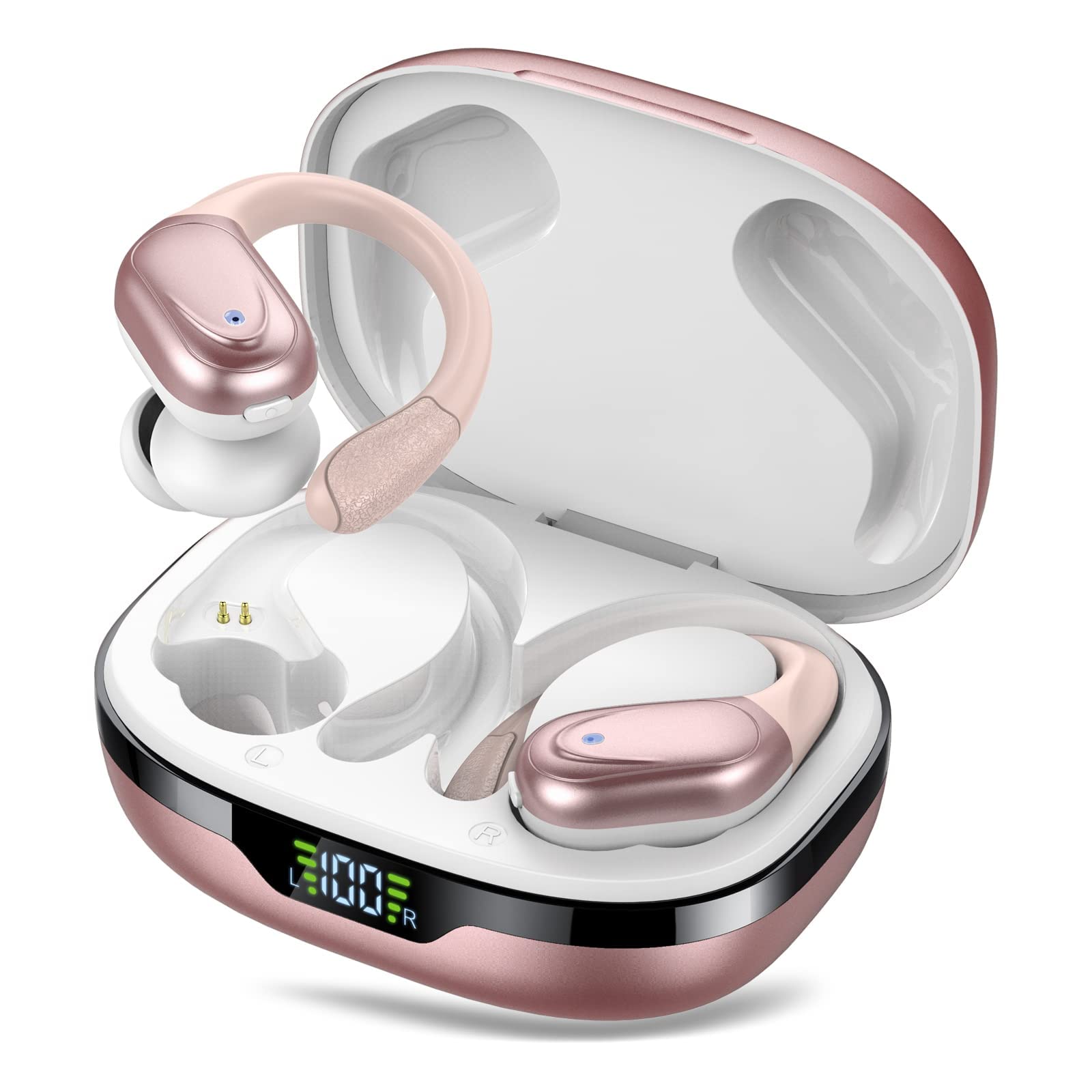 BX17 Wireless Bluetooth 5.3 Earbuds with 48H Playtime, HiFi Stereo Bass, Earhook Design, IPX5 Waterproof, Built-in Mic & LED Display - Perfect for Running, Gym, Travel & Workouts (Rose Gold)