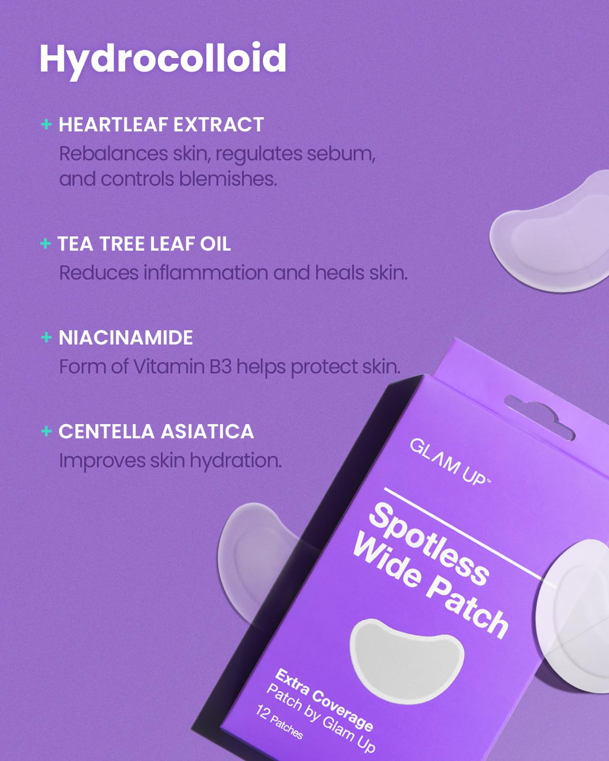 GLAM UP Spotless Patch - Hydrocolloid Acne Patches for Face, Cheek & Body, Blackhead Treatment, Vegan & Cruelty-Free (12 Count) - Perfect for Overnight Acne Care & Skin Healing