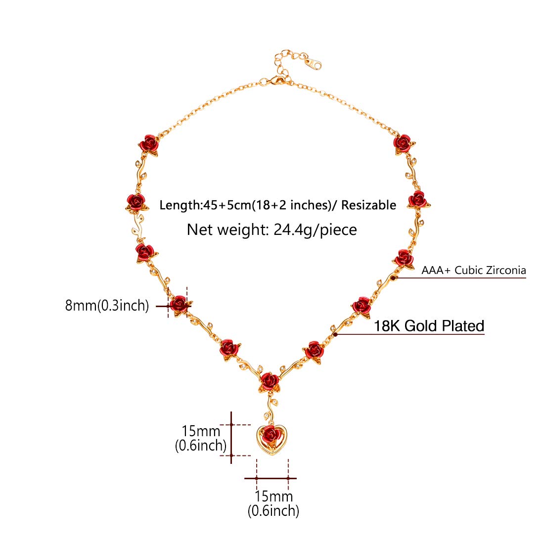 3D Red Rose Necklace with Heart Pendant - Romantic Love Gift for Women - Gold/Rose Gold Plated Vintage Jewelry - Perfect for Valentine's Day, Anniversary & Special Occasions (Includes Gift Box)