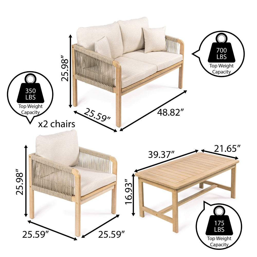 Tavira 4-Piece Modern Bohemian Acacia Wood Outdoor Patio Furniture Set with Weather-Resistant Cushions & Decorative Pillows - Perfect for Garden, Backyard, Poolside or Balcony Relaxation