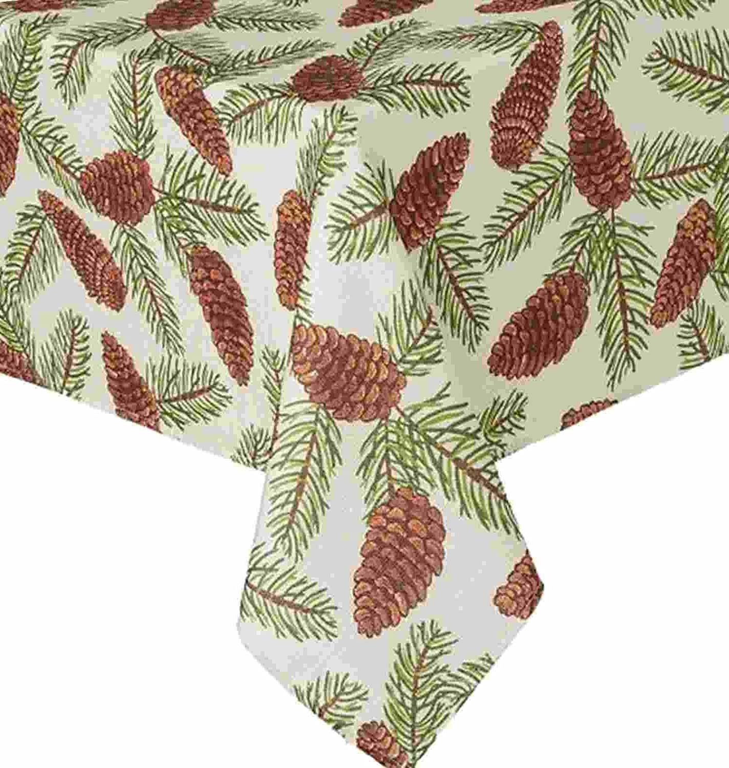 1 Piece Woven Pine Cone Print Tablecloth - 90 Inch Round Holiday Dining Decor for Christmas, Thanksgiving, and Fall Seasonal Parties
