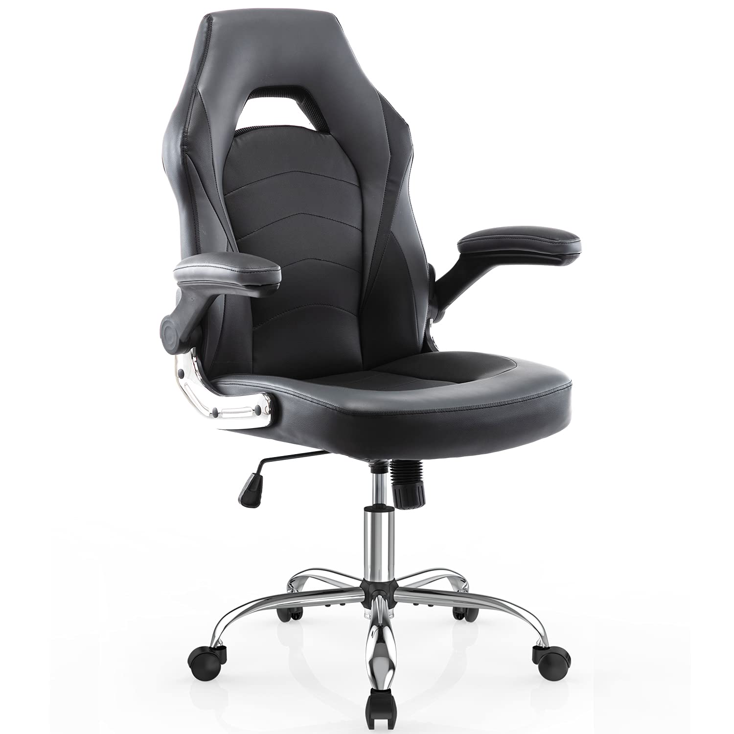 SMUG Gaming Chair - Racing Style Ergonomic Office Chair with Adjustable Height & Flip-Up Arms, PU Leather Computer Desk Chair for Adults, Teens & Kids (Black/Grey) - Perfect for Gaming, Working & Studying