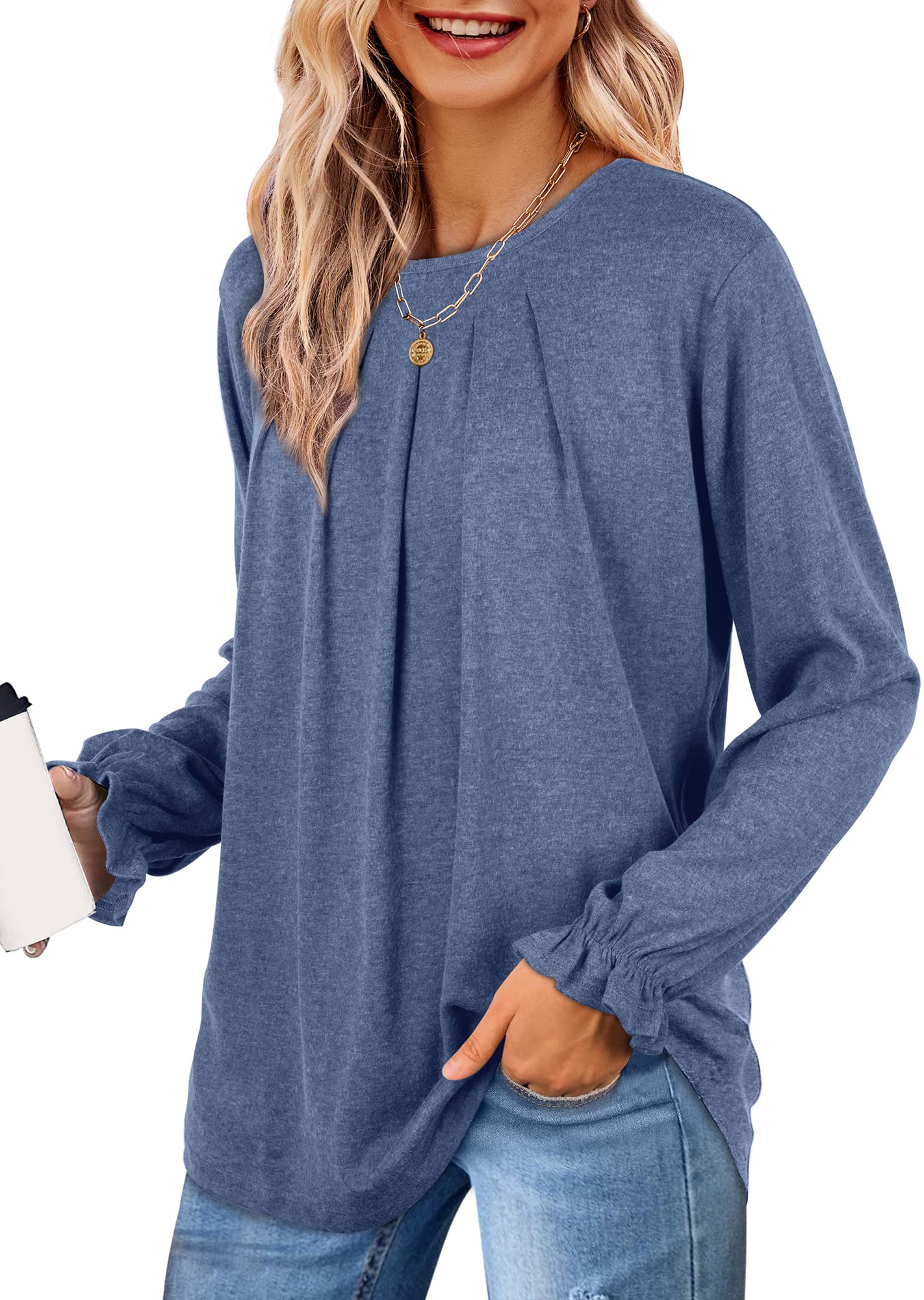 Dofaoo Women's Ruffle Sleeve Tunic Top - Business Casual Crew Neck Blouse in Solid Blue (XXL) | Perfect for Office Wear, Date Night & Spring Outfits