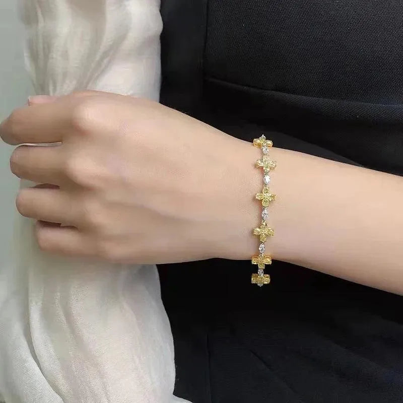 18K Real Gold 7 Carat Natural Yellow Diamond Bracelet for Women, 17cm Chain Link Anniversary Wedding Jewelry Gift - Perfect for Bridal Shower, Engagement Party & Special Occasions