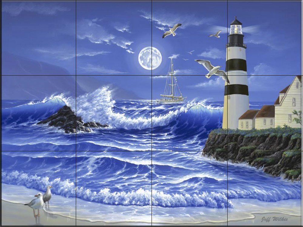 Nautical Ceramic Backsplash Tile Mural with Sailing Ship & Lighthouse Design - Waterproof Kitchen Bathroom Shower Wall Decor - Perfect for Coastal, Beach House, or Nautical Theme Interiors