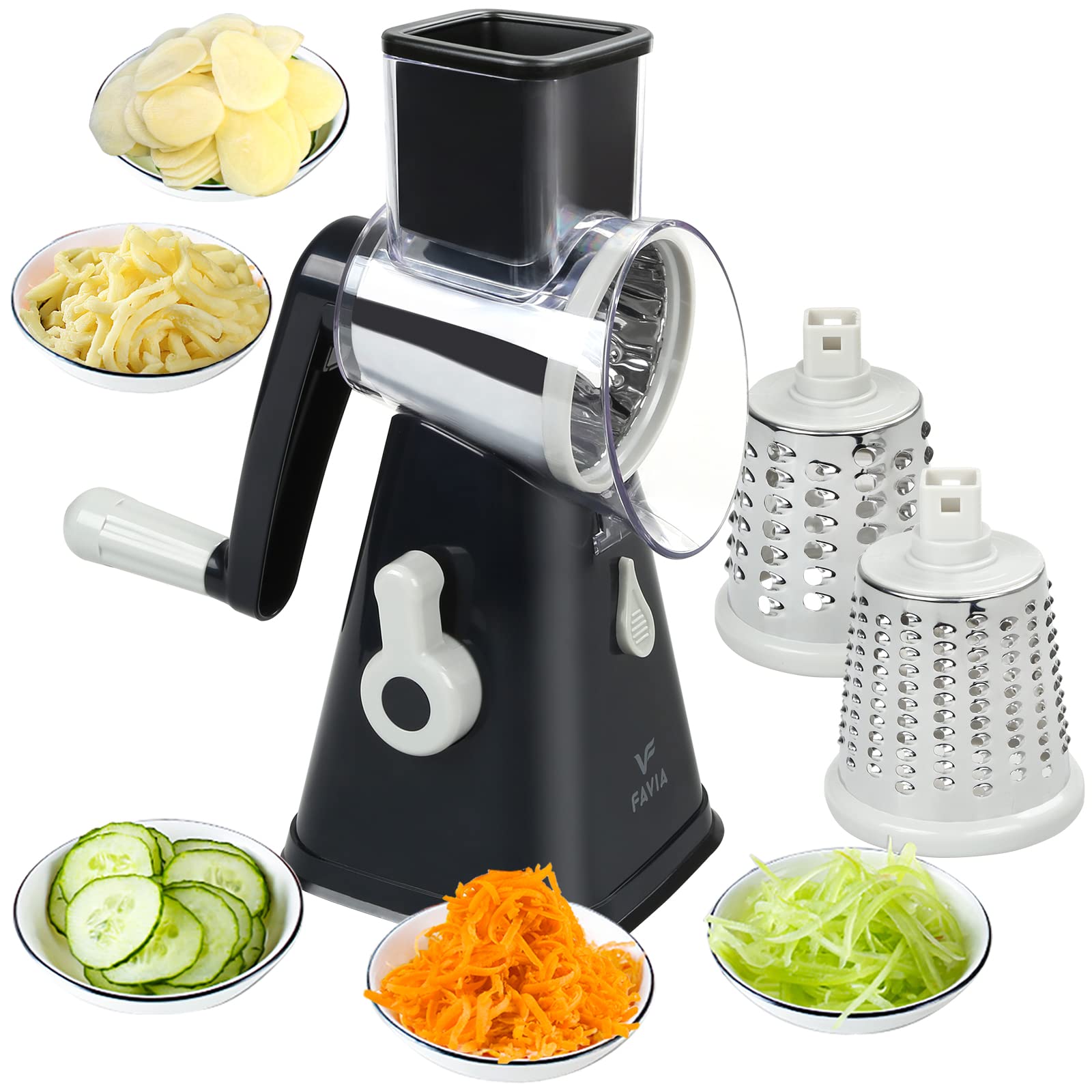Premium Rotary Cheese Grater & Vegetable Slicer - 3 Interchangeable Blades for Shredding, Grating & Slicing - Easy Clean Kitchen Mandoline for Cheese, Fruits, Veggies & Nuts (Black & Grey) - Perfect for Meal Prep, Salads & Cooking at Home