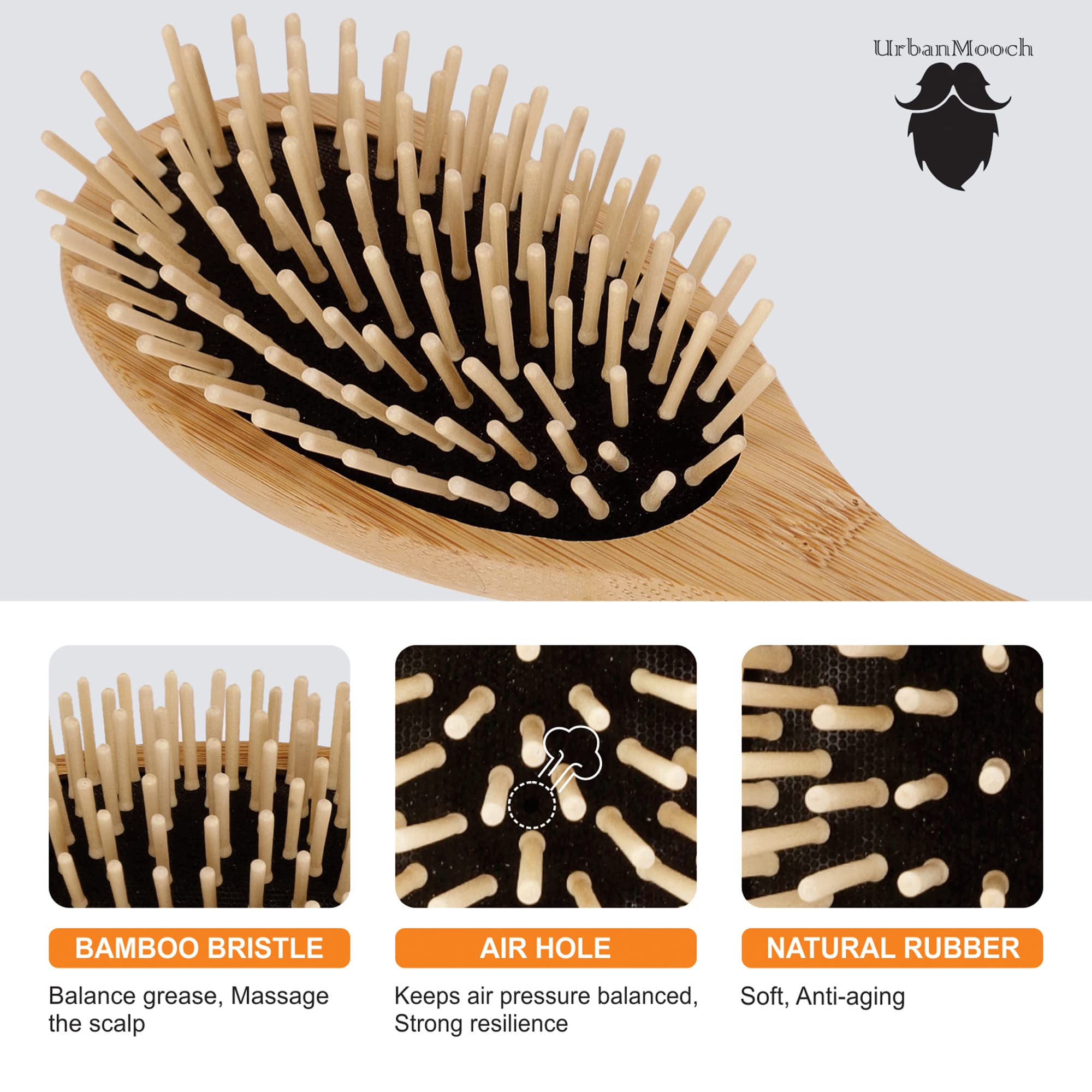 UrbanMooch Bamboo Wooden Hair Brush for Men & Women - Natural Paddle Brush for Curly Hair & Hair Growth | Detangling & Scalp Massage for Healthy Hair | Perfect for Home, Travel & Salon Use
