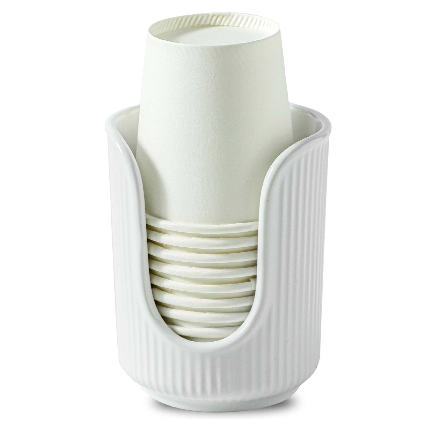 Stylish White Ceramic Bathroom Cup Dispenser with Vertical Stripes - Holds 3-4oz Disposable Paper Cups for Mouthwash & Rinsing - Perfect for Vanity Countertops, Guest Bathrooms & Dental Offices