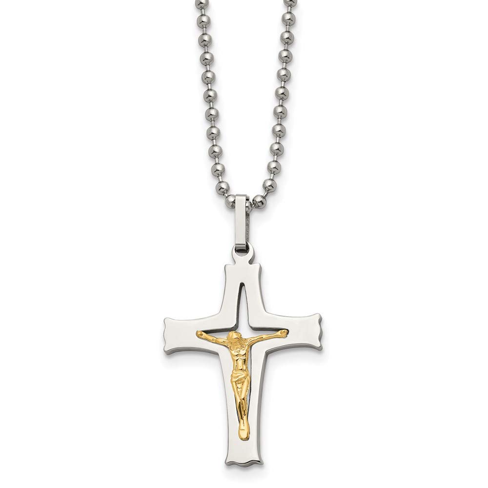 The Black Bow Stainless Steel & 14k Yellow Gold Accent SM Crucifix Necklace, 22 Inch - Perfect for Everyday Wear, Gifts, and Religious Occasions