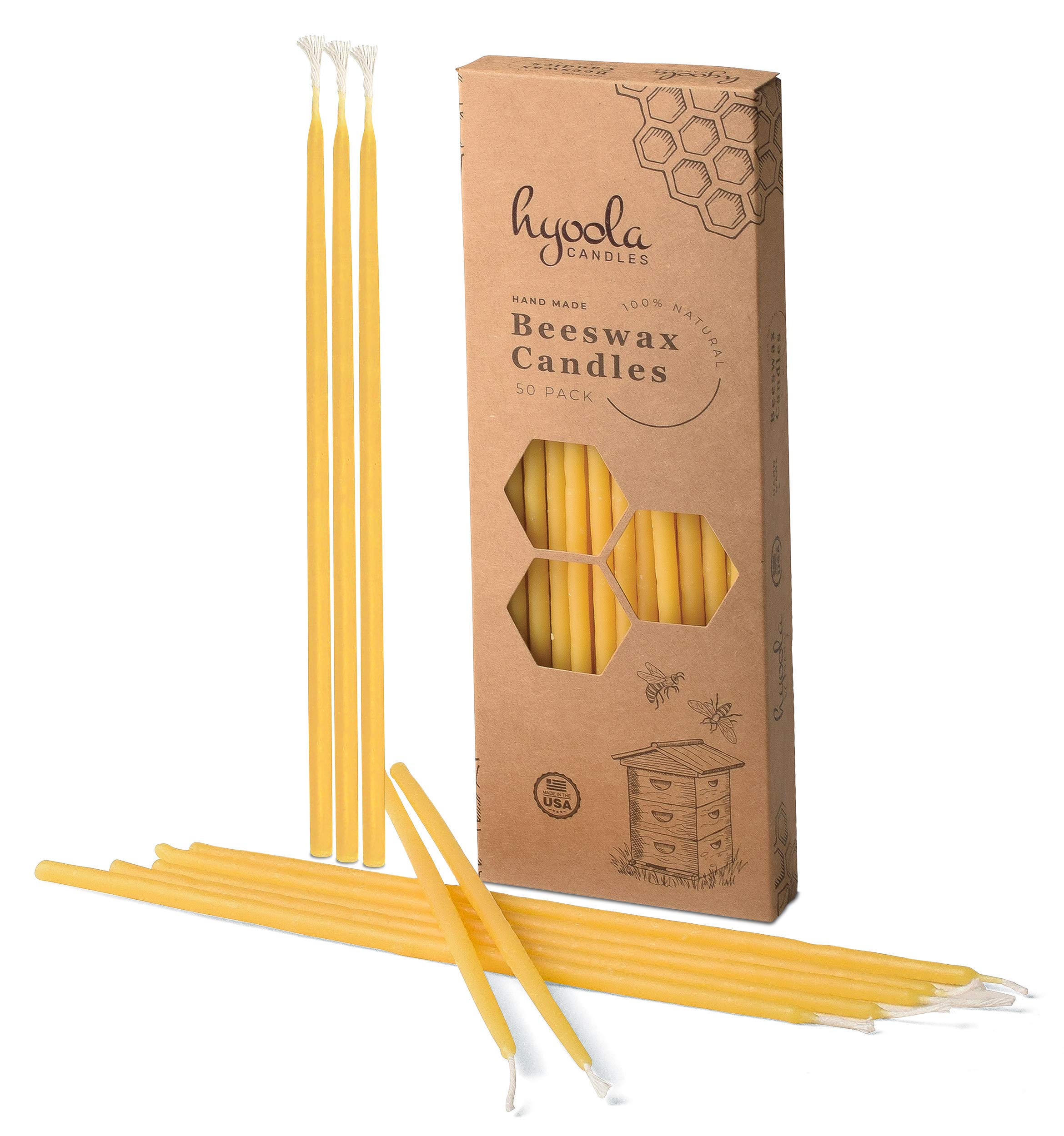 Hyoola Beeswax Skinny Taper Candles - 50 Pack Natural Dripless Decorative Candles | Long-Lasting Burn, Elegant Taper Design with Soothing Honey Scent | 9 Inch Handmade in USA | Perfect for Dinner Parties, Weddings & Home Decor