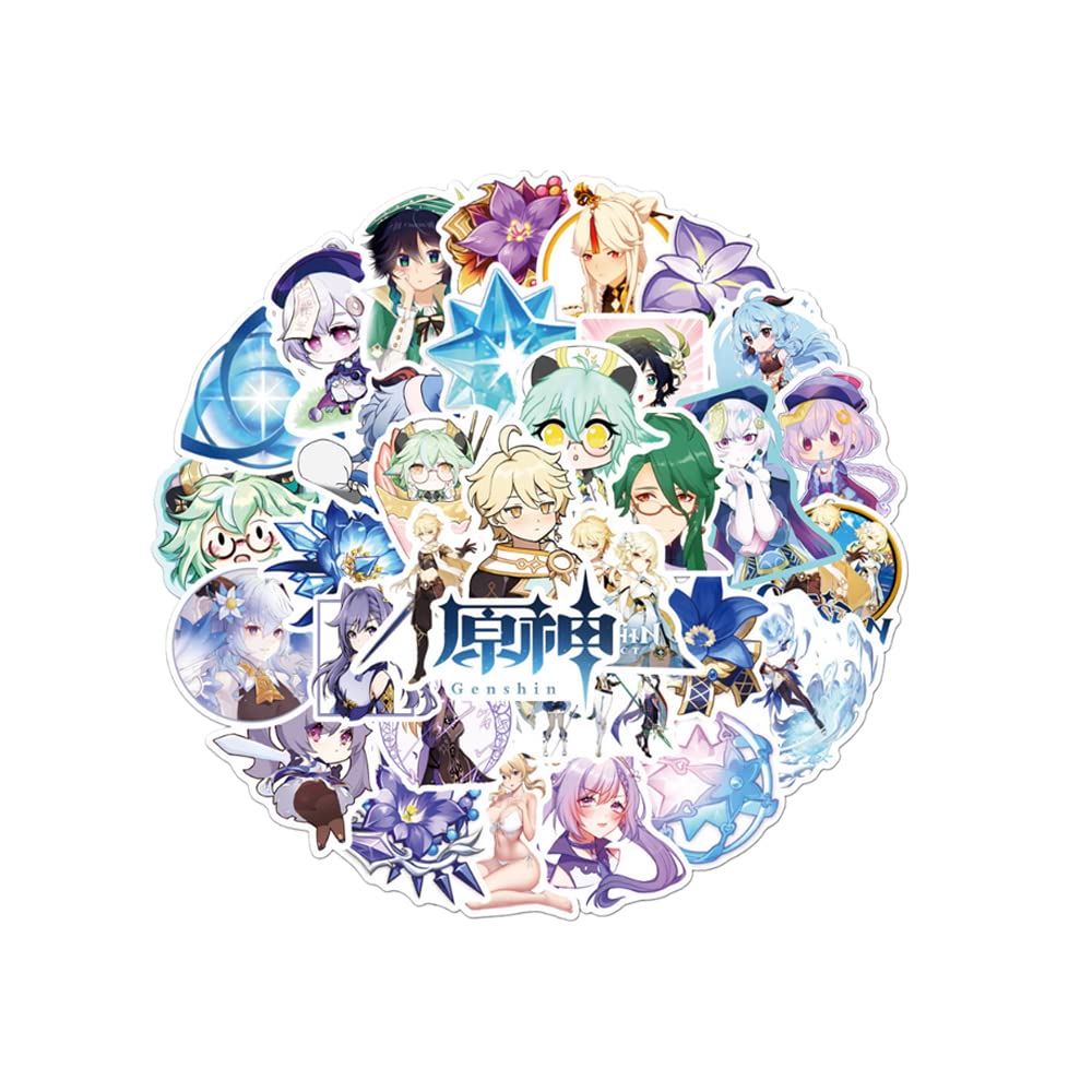 Genshin Impact Merchandise Gift Set - Anime Drawstring Backpack, 50 Cartoon Stickers, Lanyard, Keychains, Bracelets, Button Pins for Fans | Perfect for Cosplay, Conventions & Gaming Collectors