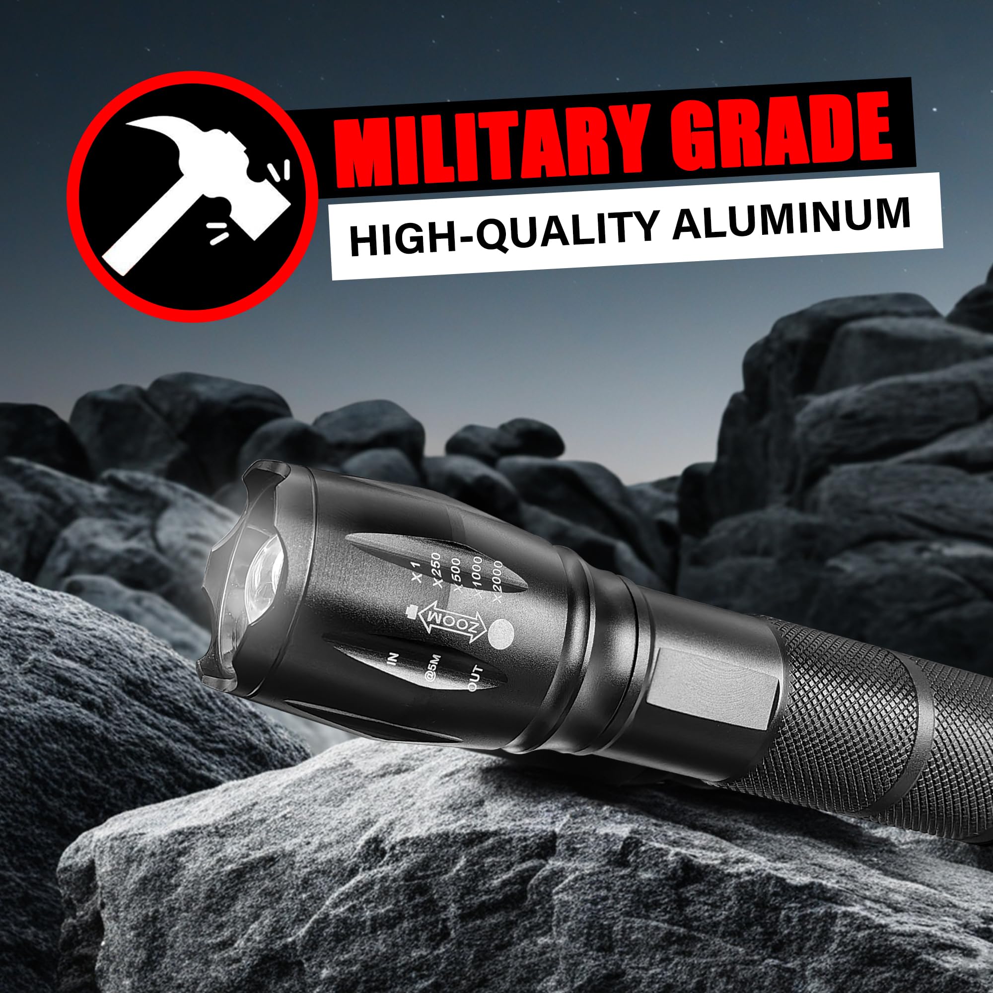 Bright LED Tactical Flashlight - 1000 Lumen Zoomable Single Mode Mini Flashlight for EDC, Camping, Hiking & Emergency Survival Gear | Compact & Durable