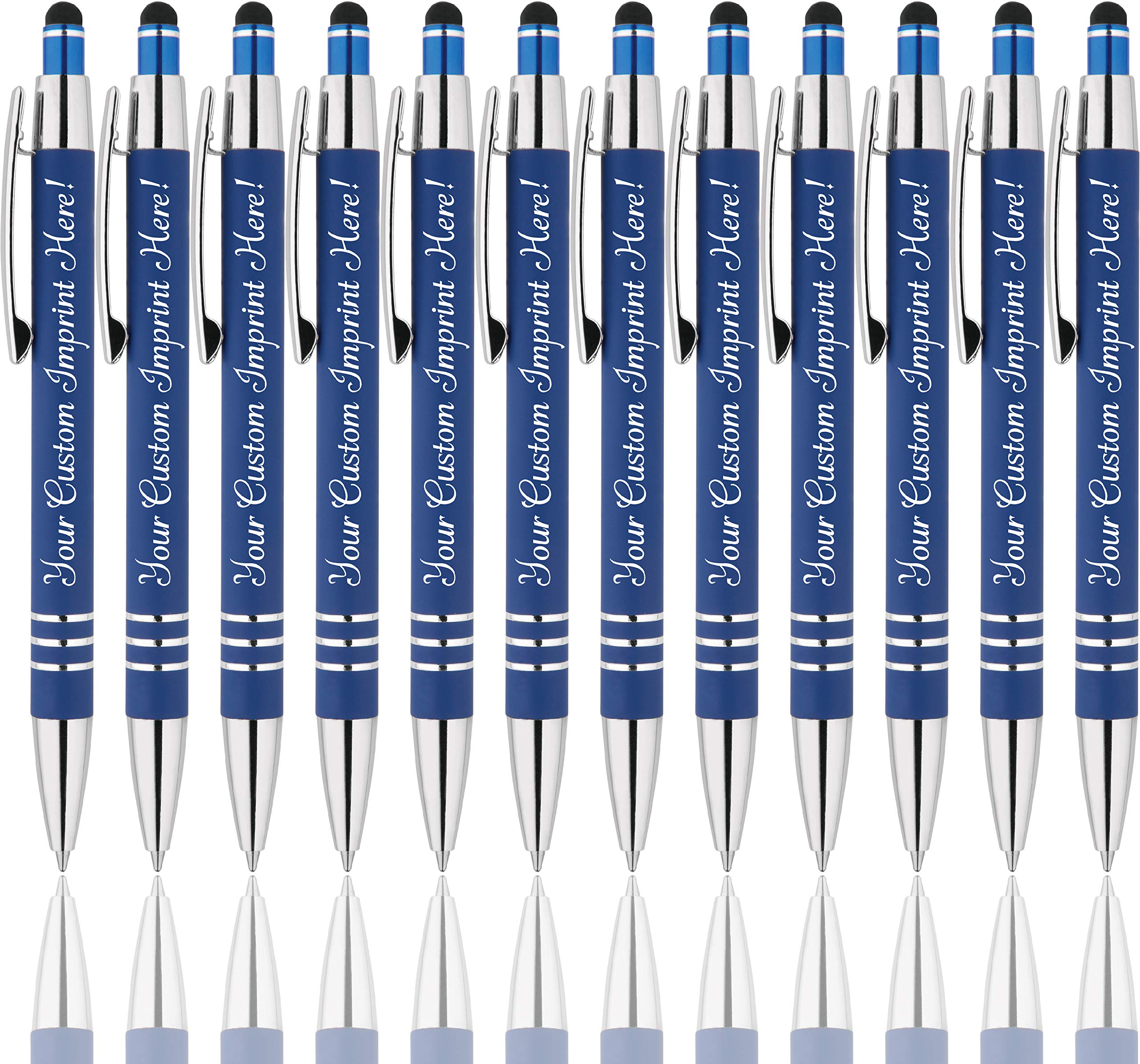 Personalized Soft Touch Ballpoint Pens with Stylus Tip - Premium Metal Pens, Black Ink, Medium Point - Custom Engraved (Box of 12, Dark Blue) - Perfect for Office, Gifts & Digital Note-Taking