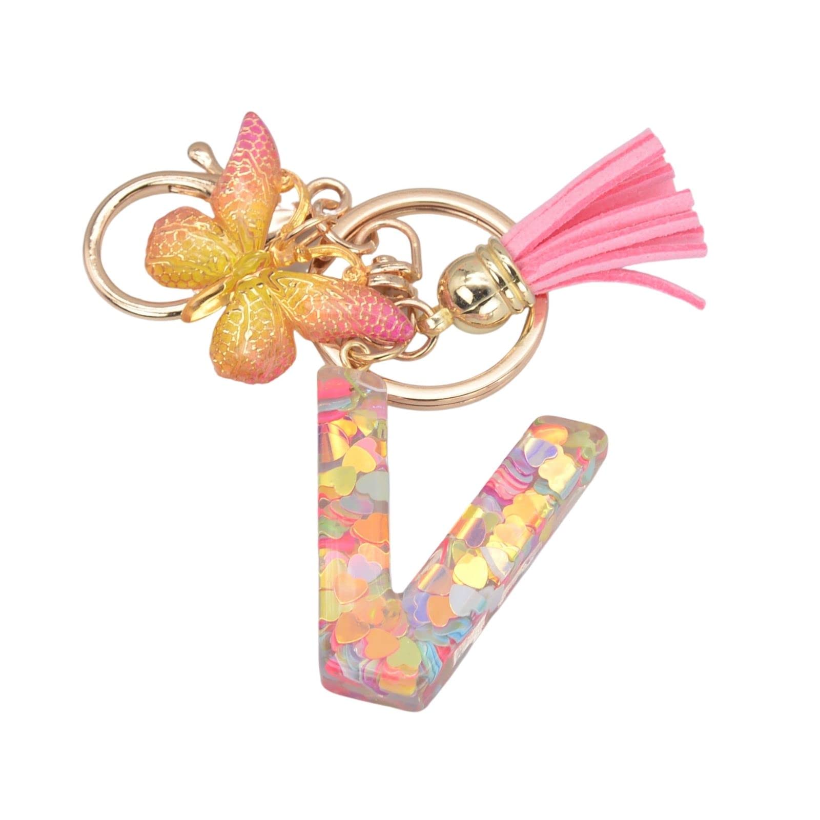 Sparkly Pink V-Letter Keychain Bulk A-Z for Women - Resin Tassel Butterfly Charms for Purse, Handbag & Car Keys - Perfect Gift for Friends, Birthday & Party Favors