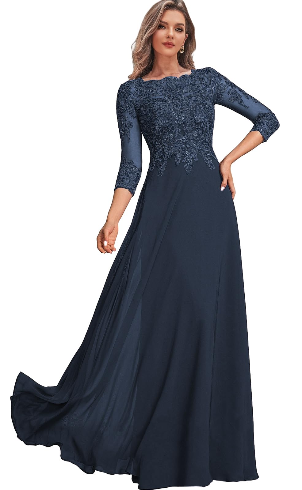 Elegant Navy Blue Long Sleeve Lace Wedding Dress for Women - Mother of The Bride Evening Gown Size 8 | Perfect for Weddings, Formal Parties & Special Occasions