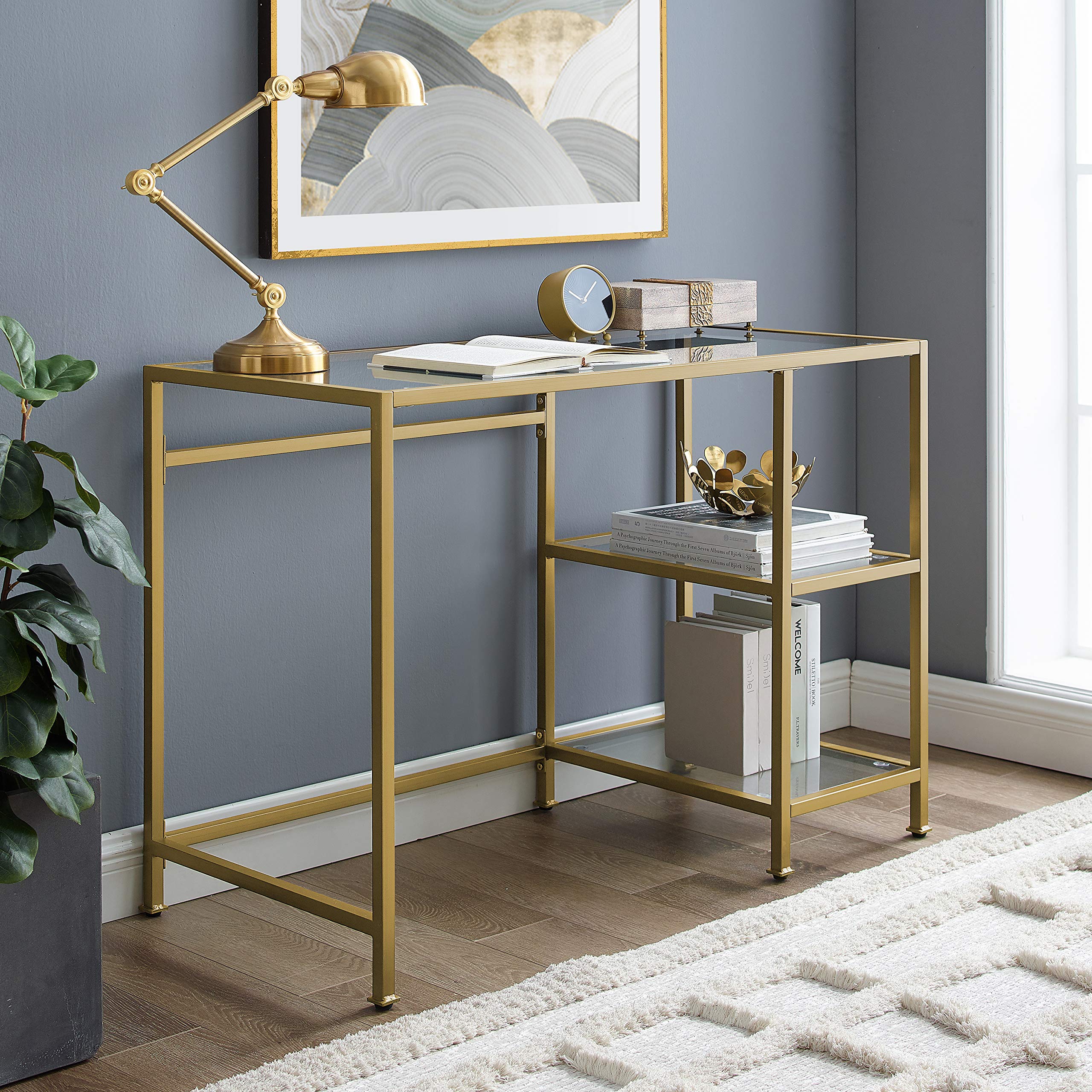 Crosley Furniture Aimee Small Home Office Vanity Desk with Storage Shelves - Compact Writing Desk for Small Spaces, Makeup Vanity with Gold Finish, Perfect for Bedroom, Apartment & Dorm Room