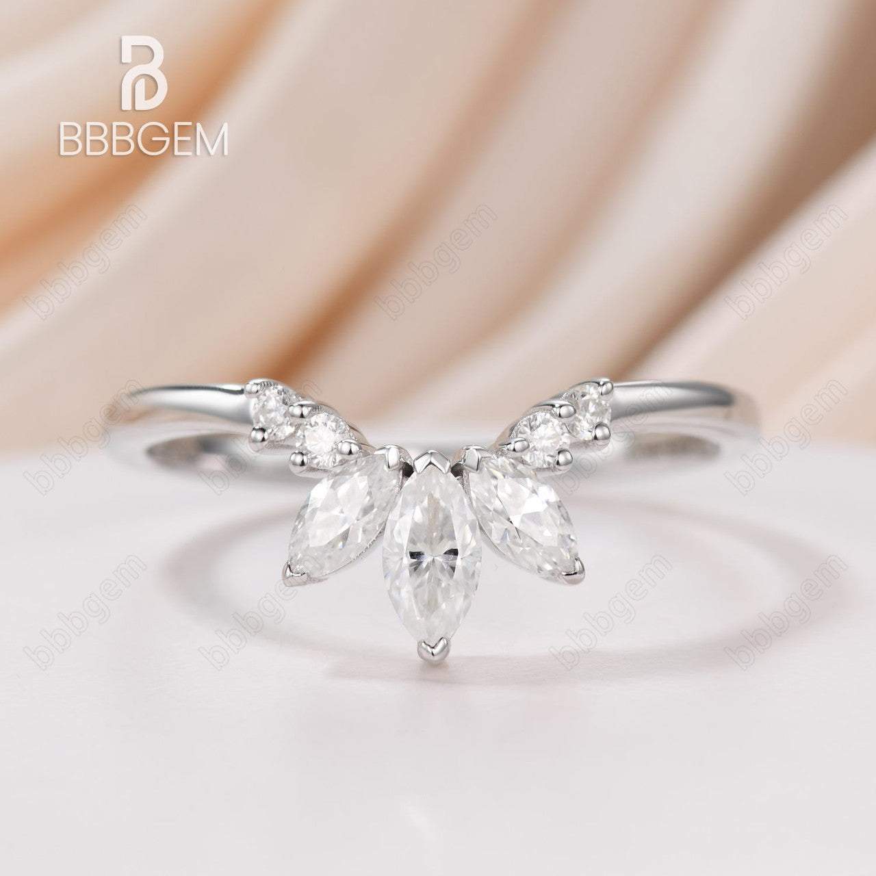 18K Rose Gold Three Stone Graduated Marquise & Round Moissanite Diamond Curve Band Ring | Elegant Wedding, Engagement, Anniversary Jewelry Gift for Women